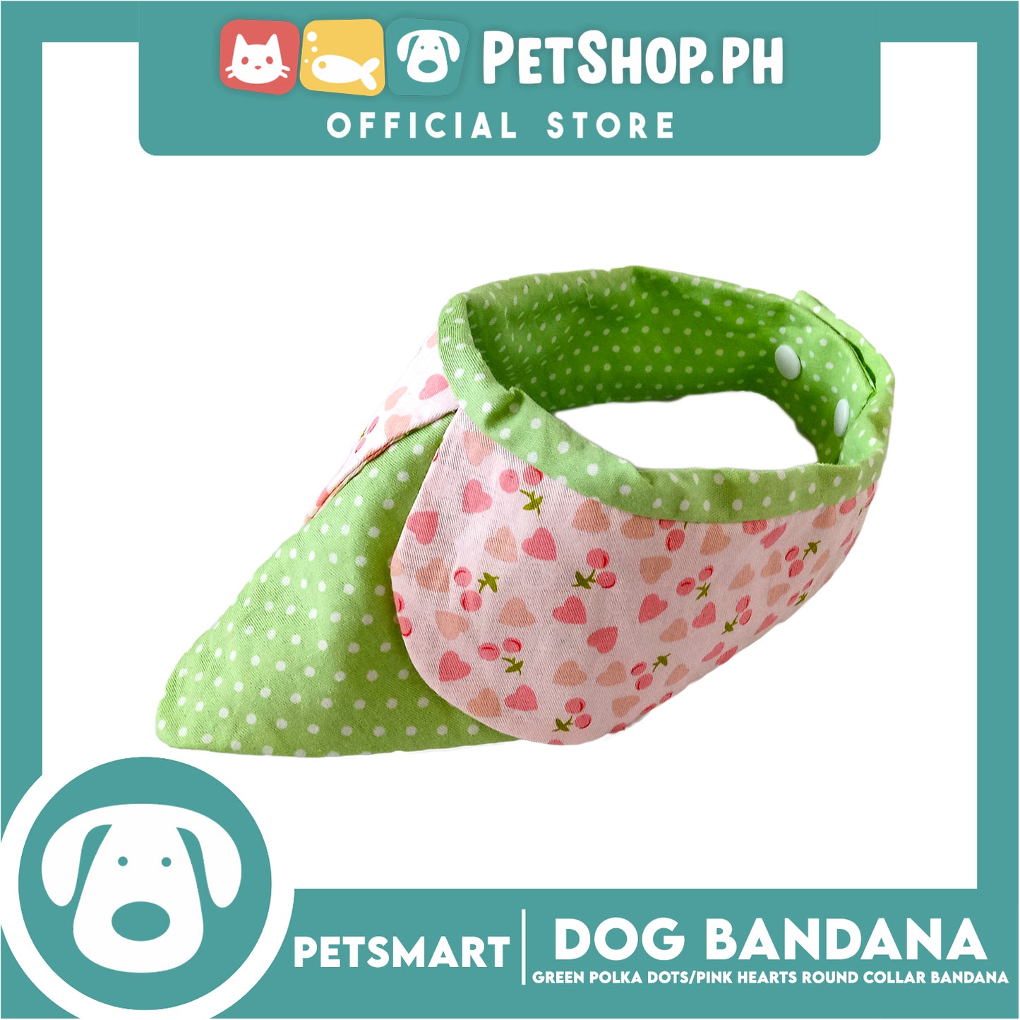 Dog Collar Bandana, Green Polka Dots with Pink Heart Round Collar Bandana DB-CTN42M (Medium) Soft and Comfortable Pet Bandana