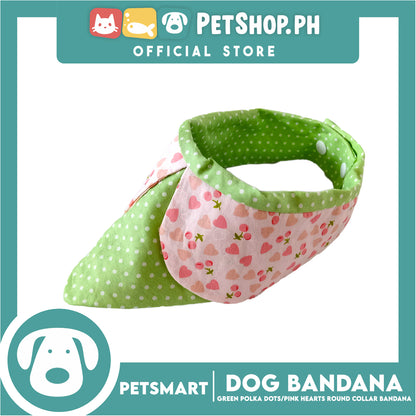 Dog Collar Bandana, Green Polka Dots with Pink Heart Round Collar Bandana DB-CTN42M (Medium) Soft and Comfortable Pet Bandana