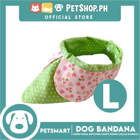 Dog Collar Bandana, Green Polka Dots with Pink Heart Round Collar Bandana DB-CTN42L (Large) Soft and Comfortable Pet Bandana