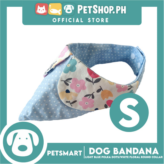 Dog Bandana, Light Blue Polka Dots with White Floral Round Collar Design DB-CTN43S (Small) Soft and Comfortable Pet Bandana