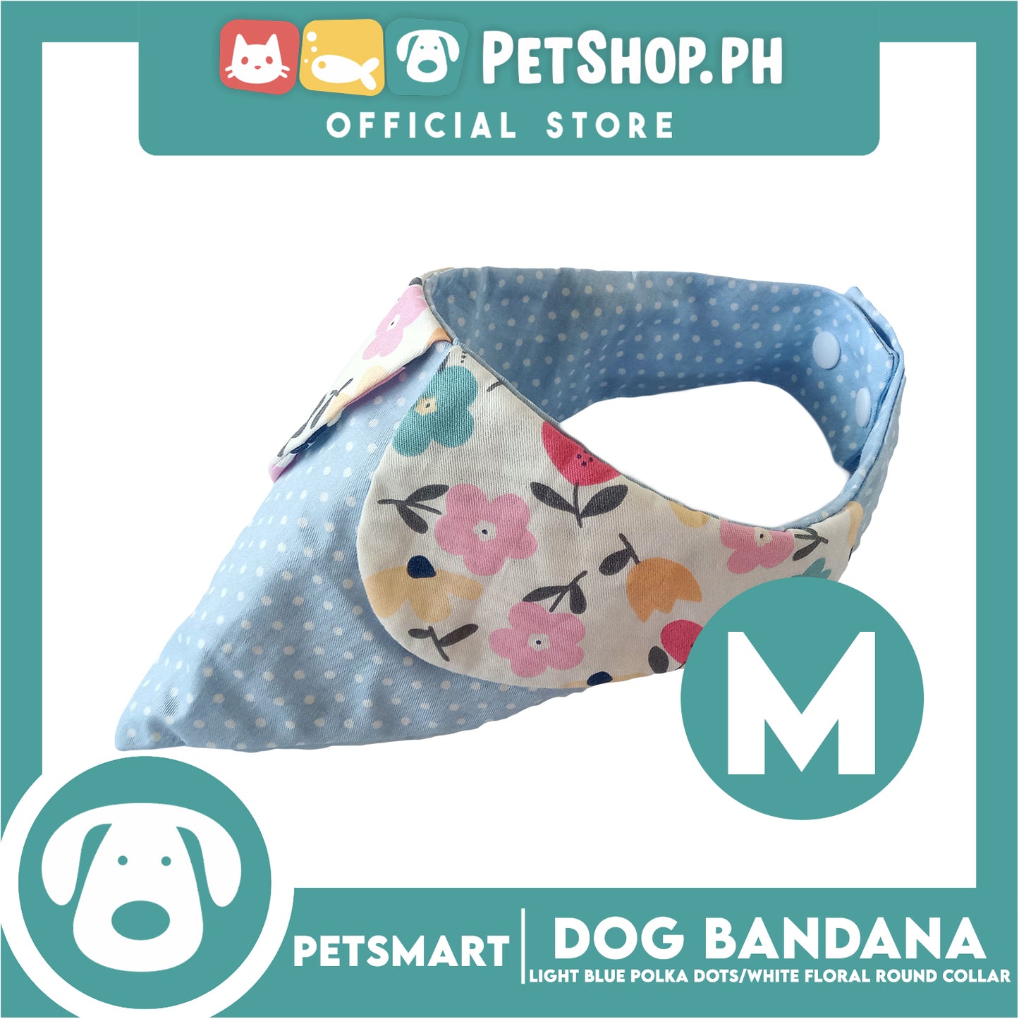 Dog Bandana, Light Blue Polka Dots with White Floral Round Collar Design DB-CTN43M (Medium) Soft and Comfortable Pet Bandana