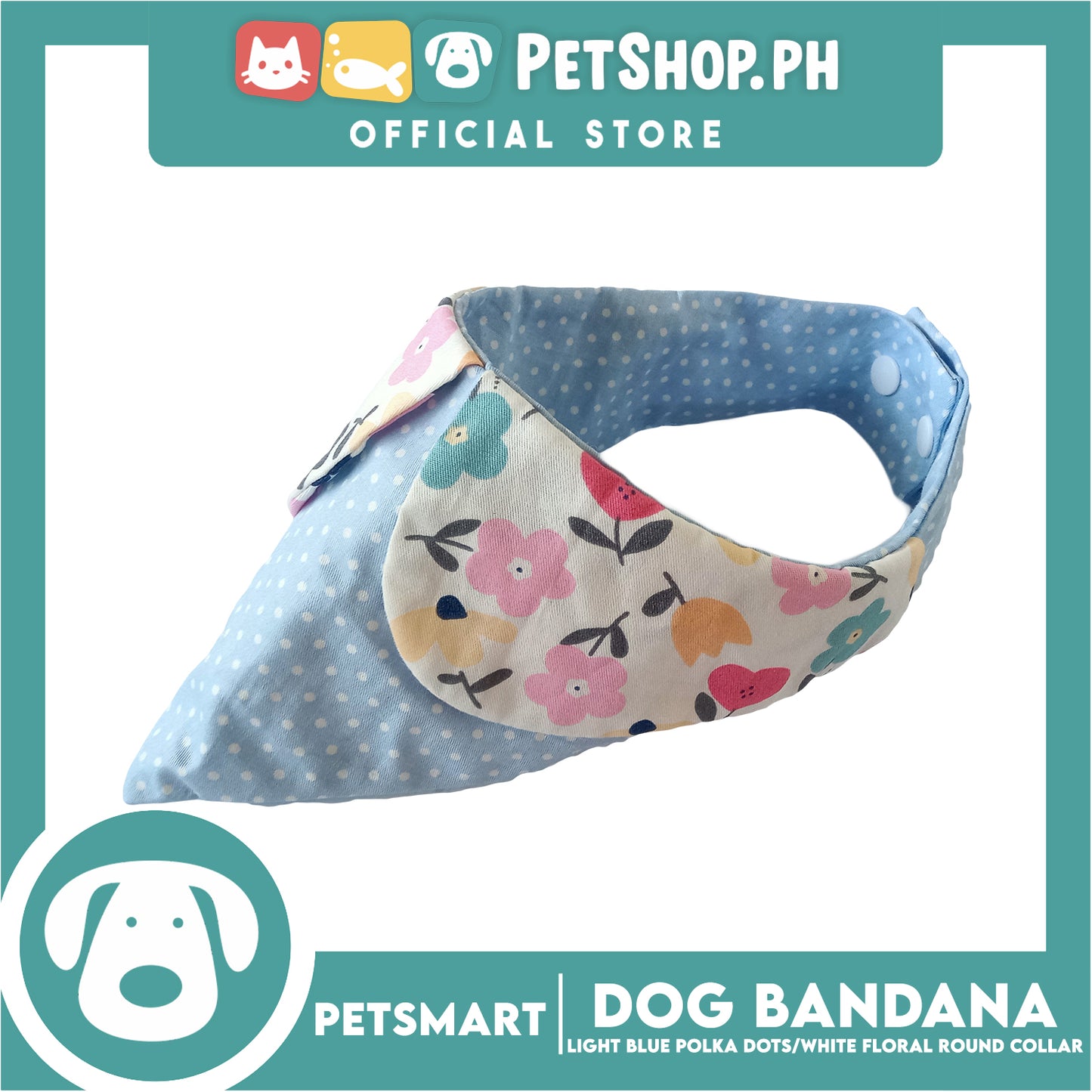Dog Bandana, Light Blue Polka Dots with White Floral Round Collar Design DB-CTN43M (Medium) Soft and Comfortable Pet Bandana