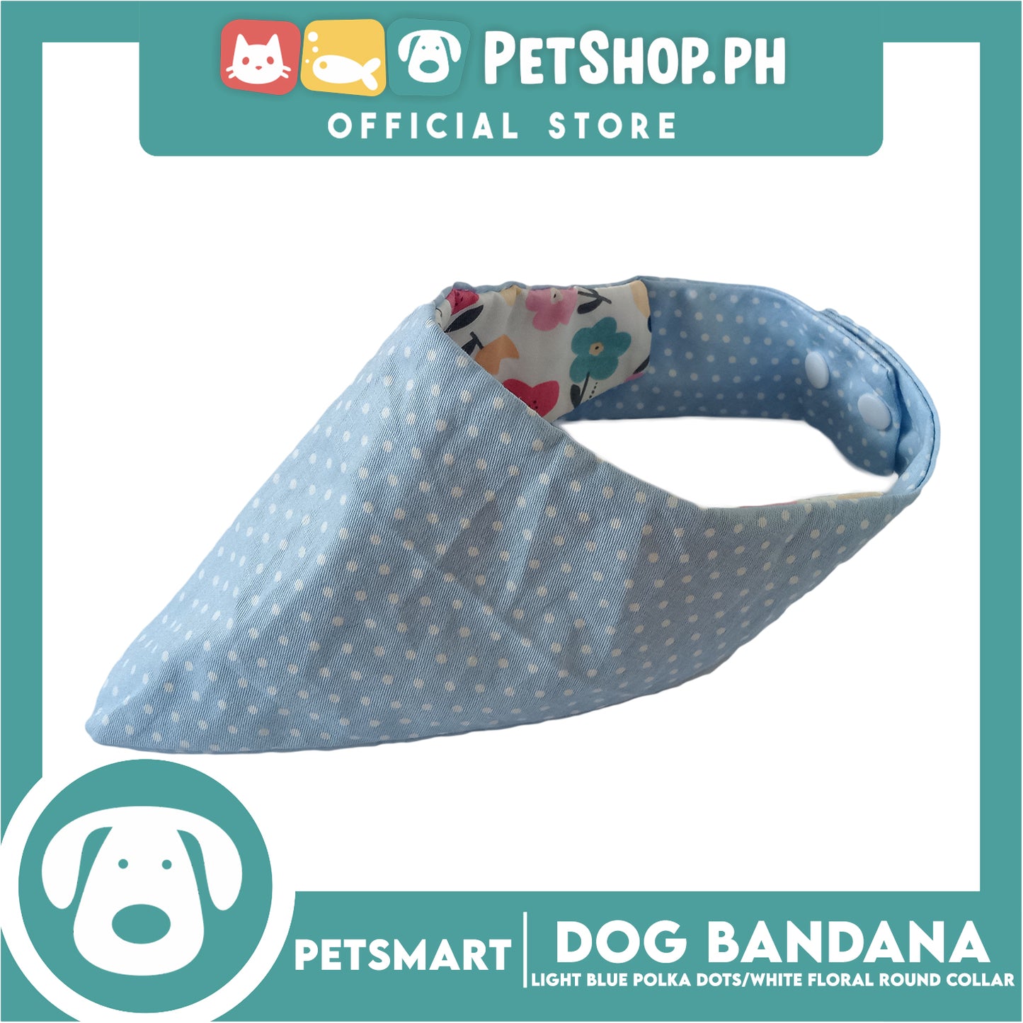 Dog Bandana, Light Blue Polka Dots with White Floral Round Collar Design DB-CTN43M (Medium) Soft and Comfortable Pet Bandana