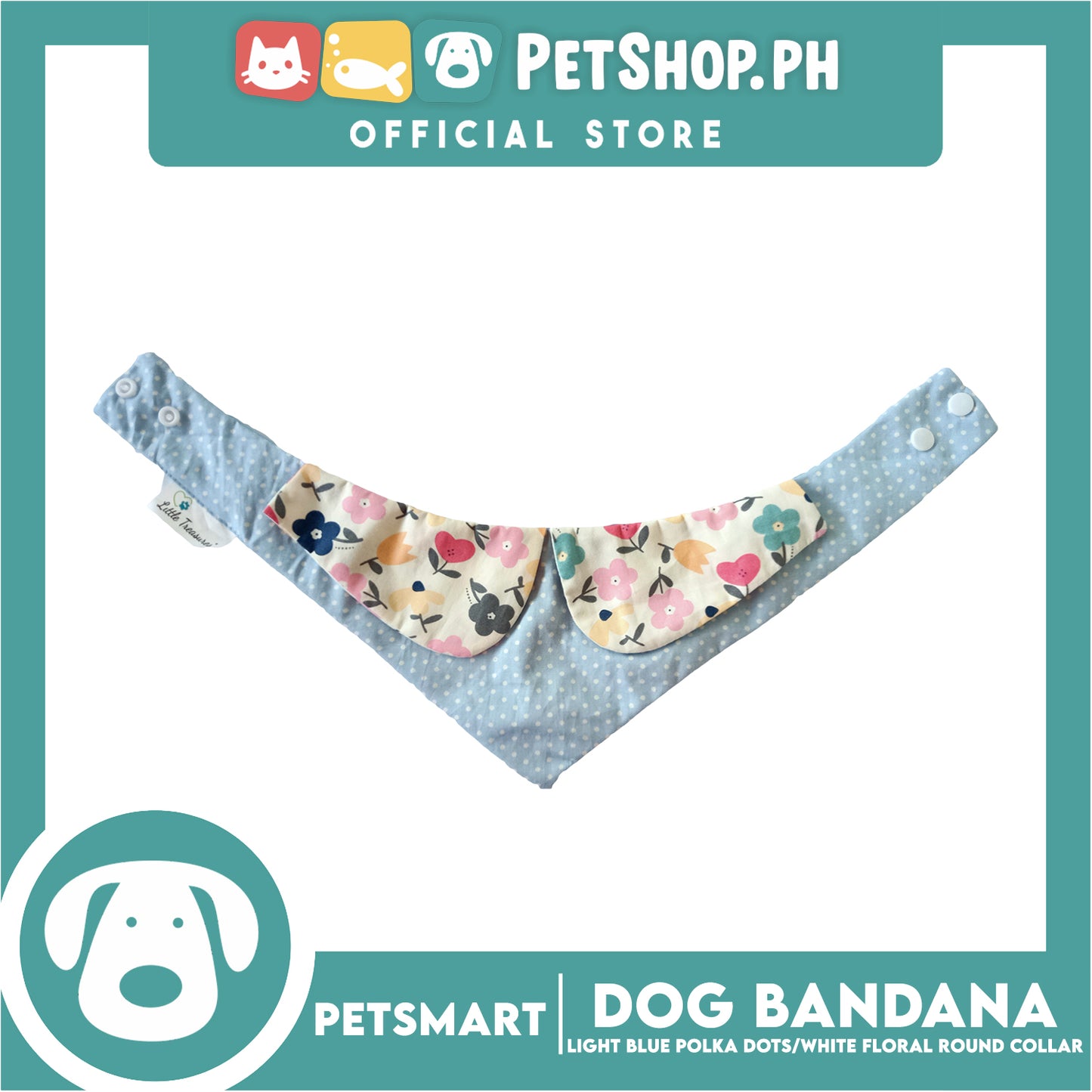 Dog Bandana, Light Blue Polka Dots with White Floral Round Collar Design DB-CTN43M (Medium) Soft and Comfortable Pet Bandana