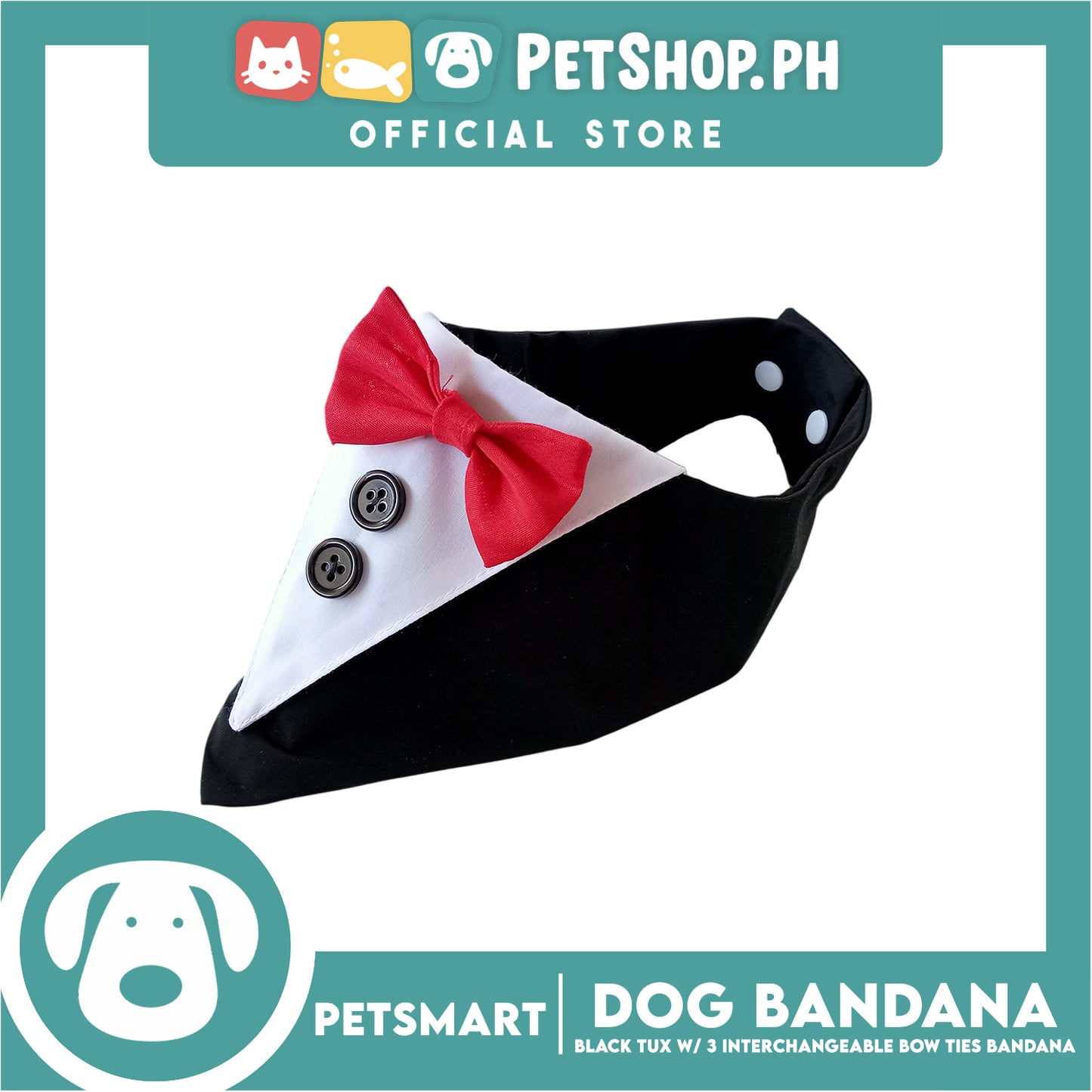 Dog Bandana, Black Tuxedo with 3 Interchangeable Bow Ties DB-CTN45M (Medium) Soft and Comfortable Pet Bandana
