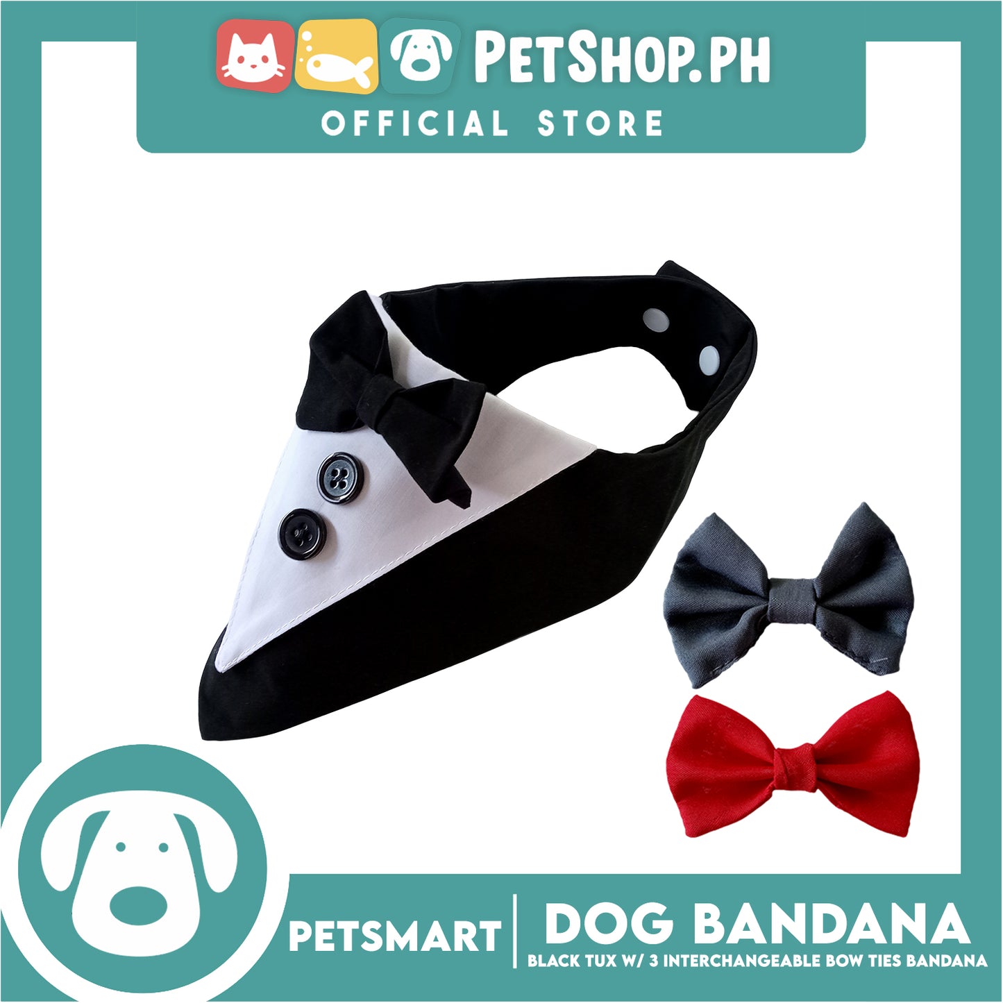 Dog Bandana, Black Tuxedo with 3 Interchangeable Bow Ties DB-CTN45L (Large) Soft and Comfortable Pet Bandana