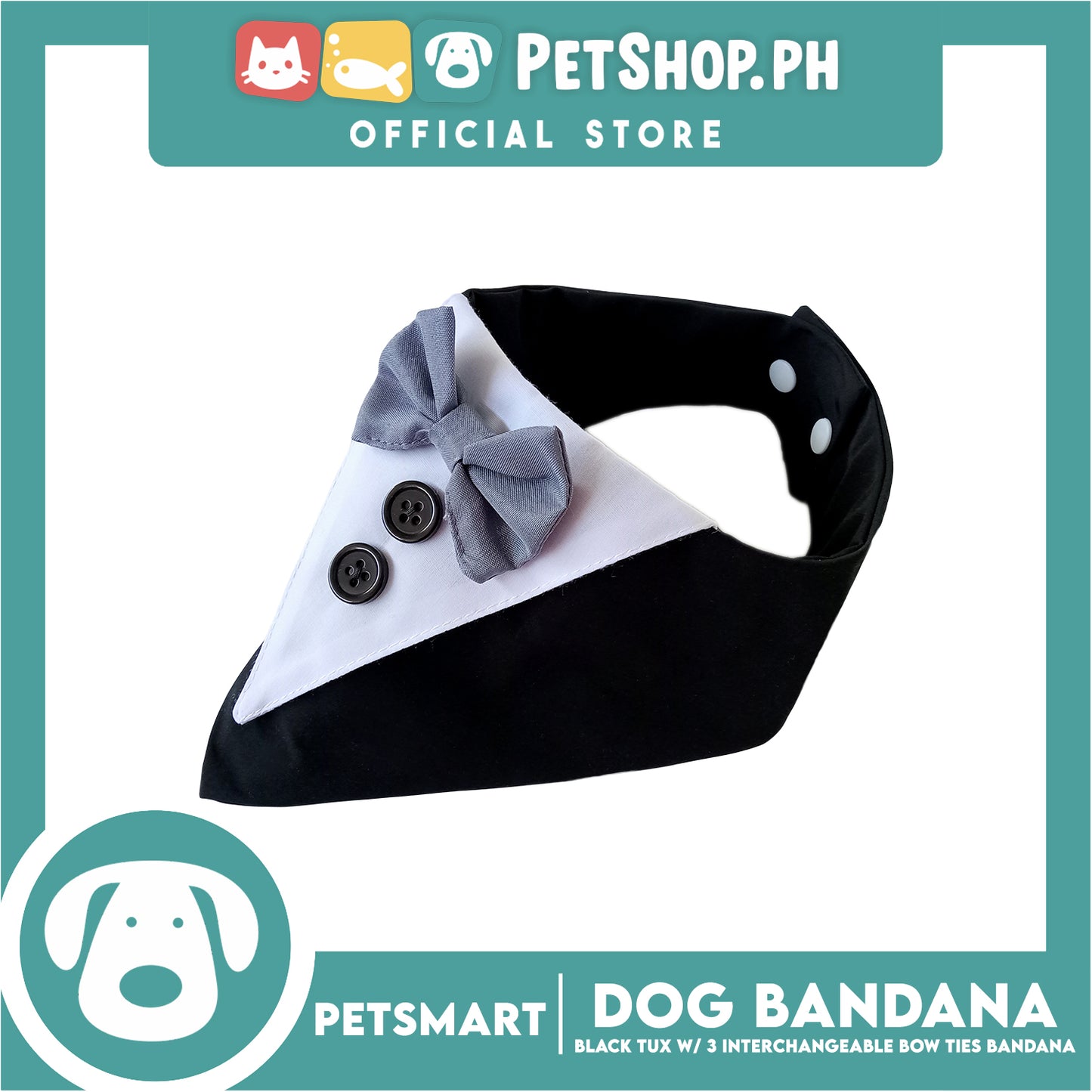 Dog Bandana, Black Tuxedo with 3 Interchangeable Bow Ties DB-CTN45L (Large) Soft and Comfortable Pet Bandana