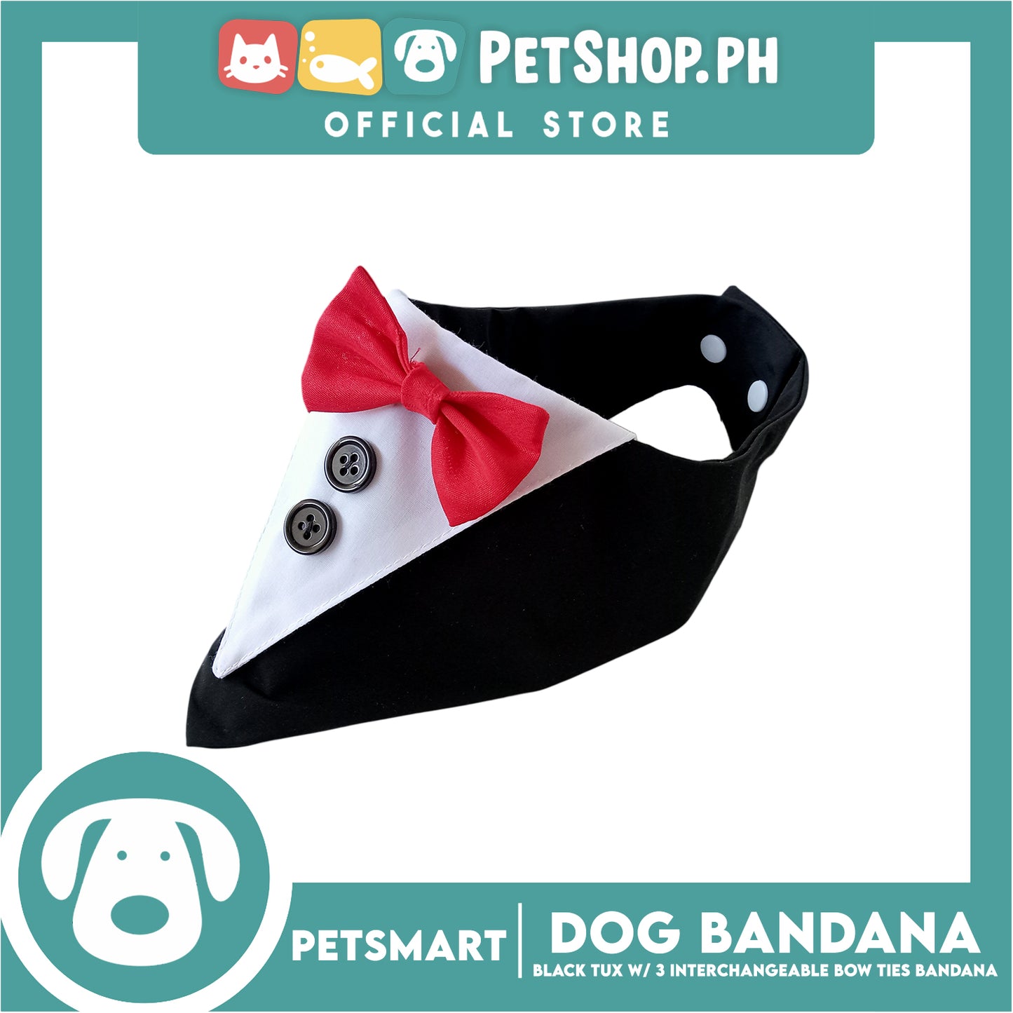 Dog Bandana, Black Tuxedo with 3 Interchangeable Bow Ties DB-CTN45L (Large) Soft and Comfortable Pet Bandana