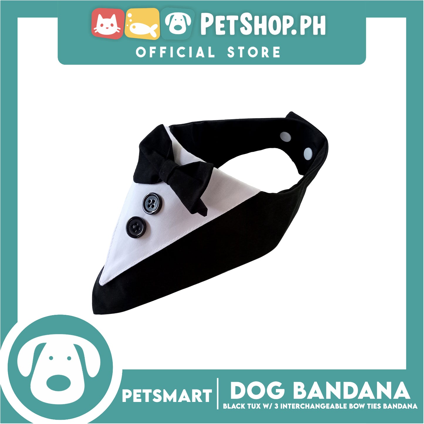 Dog Bandana, Black Tuxedo with 3 Interchangeable Bow Ties DB-CTN45L (Large) Soft and Comfortable Pet Bandana