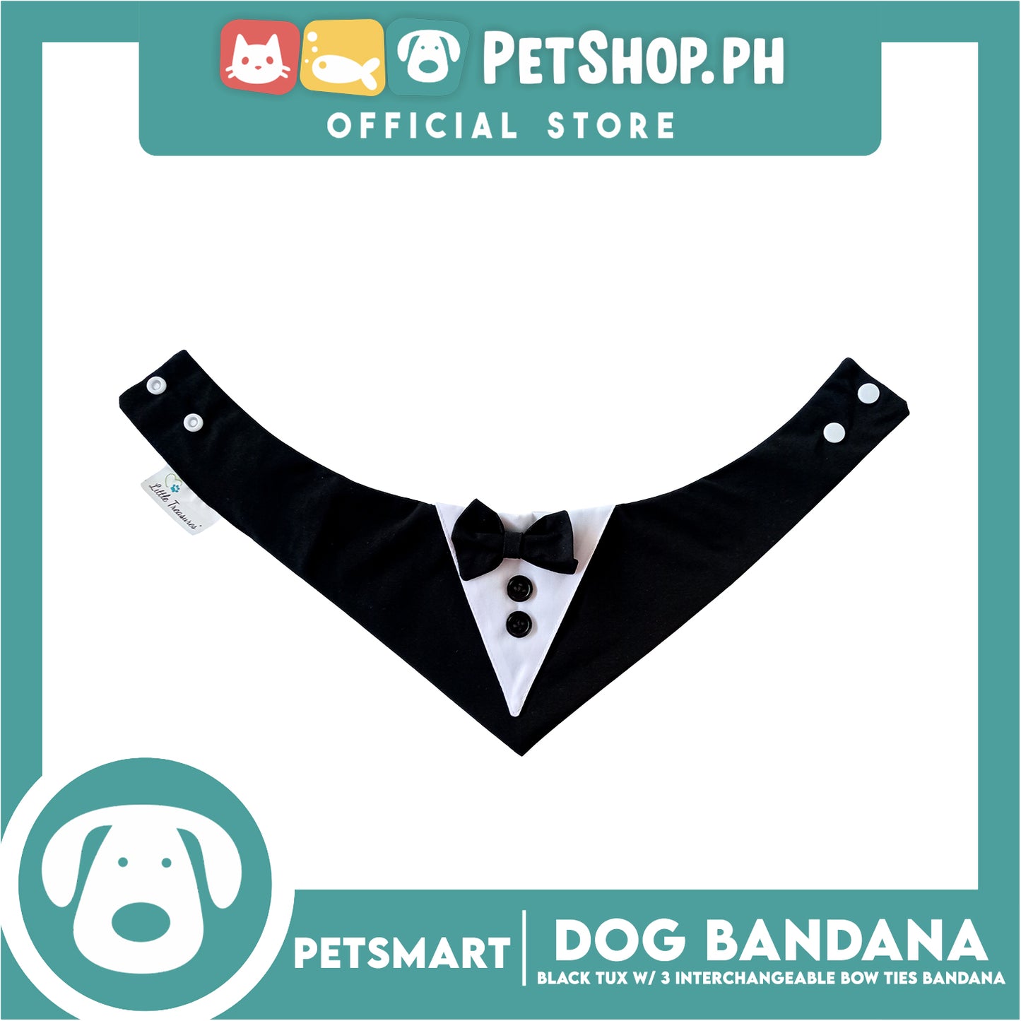 Dog Bandana, Black Tuxedo with 3 Interchangeable Bow Ties DB-CTN45L (Large) Soft and Comfortable Pet Bandana