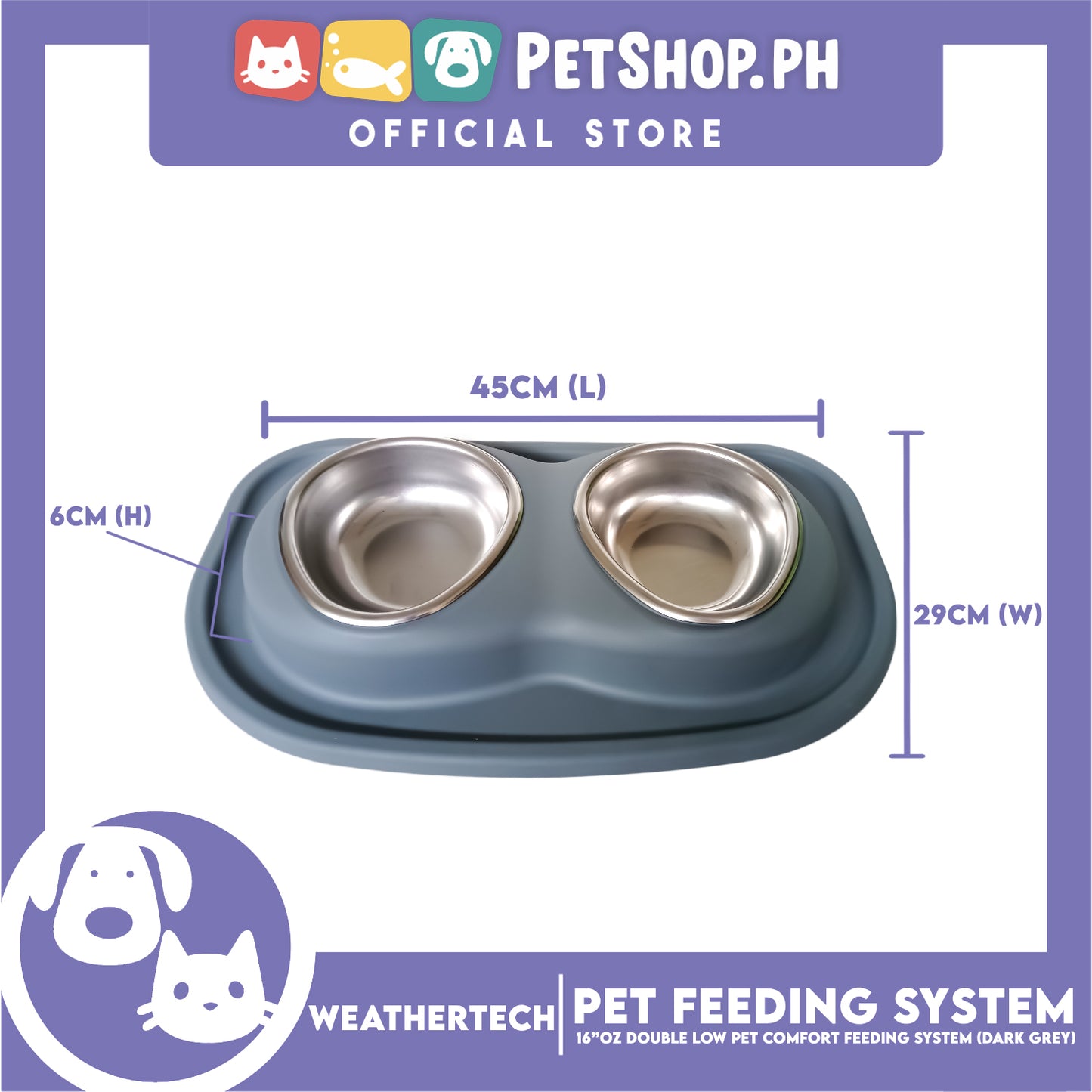Weather Tech, Double Low Pet Comfort Feeding System 16oz (Dark Grey) DLI602DG Compact and Portable Dog and Cat Food and Water Station
