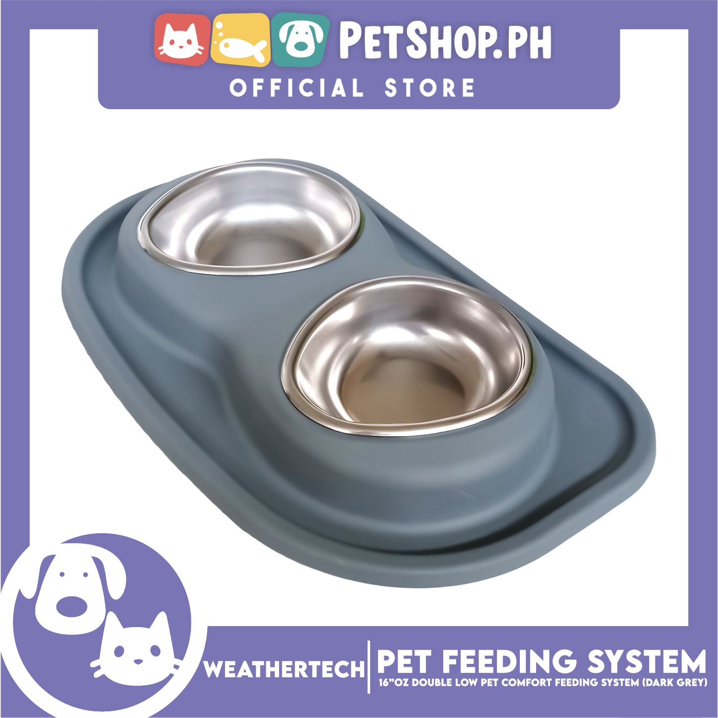 Weather Tech, Double Low Pet Comfort Feeding System 16oz (Dark Grey) DLI602DG Compact and Portable Dog and Cat Food and Water Station