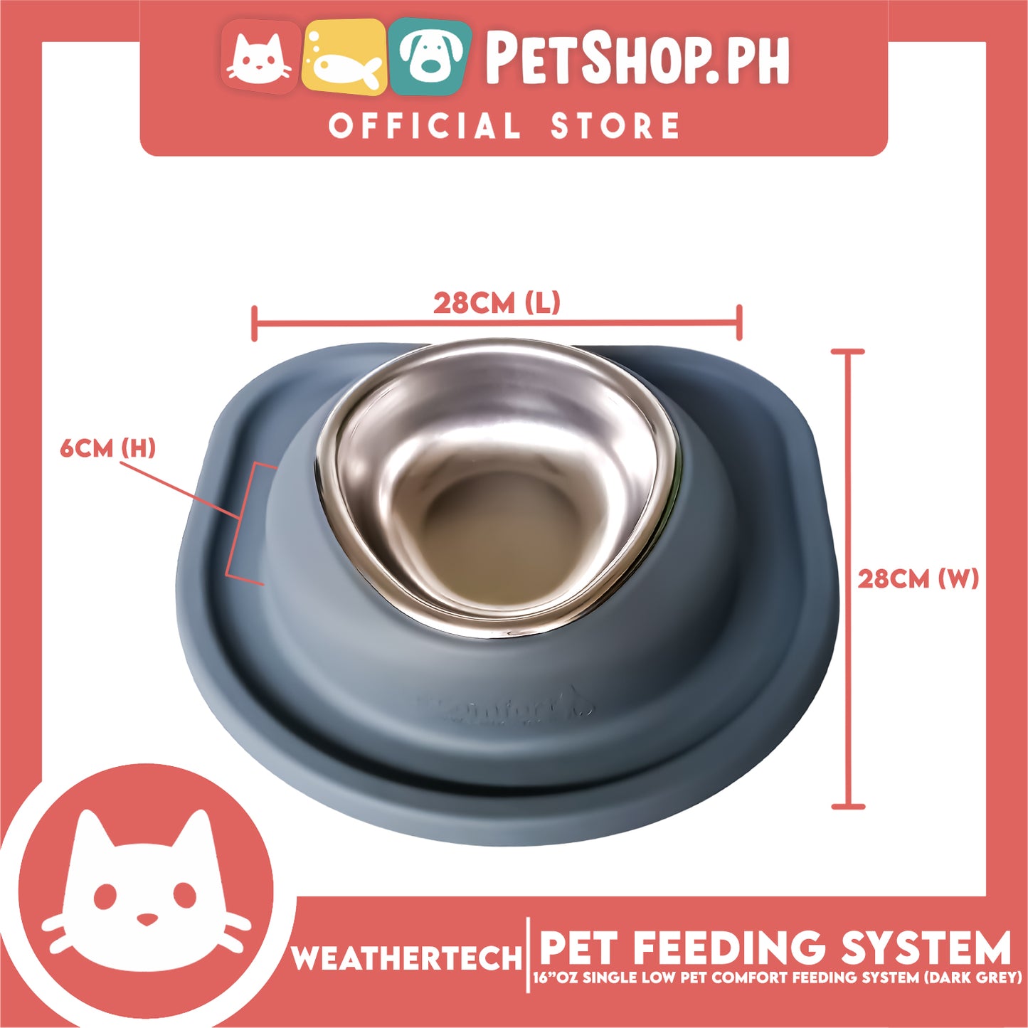 Weather Tech, Single Low Pet Comfort Feeding System 16oz (Dark Grey) SLI602DG Heavy-Duty Food or Water Bowl for On-The-Go Dogs and Cats