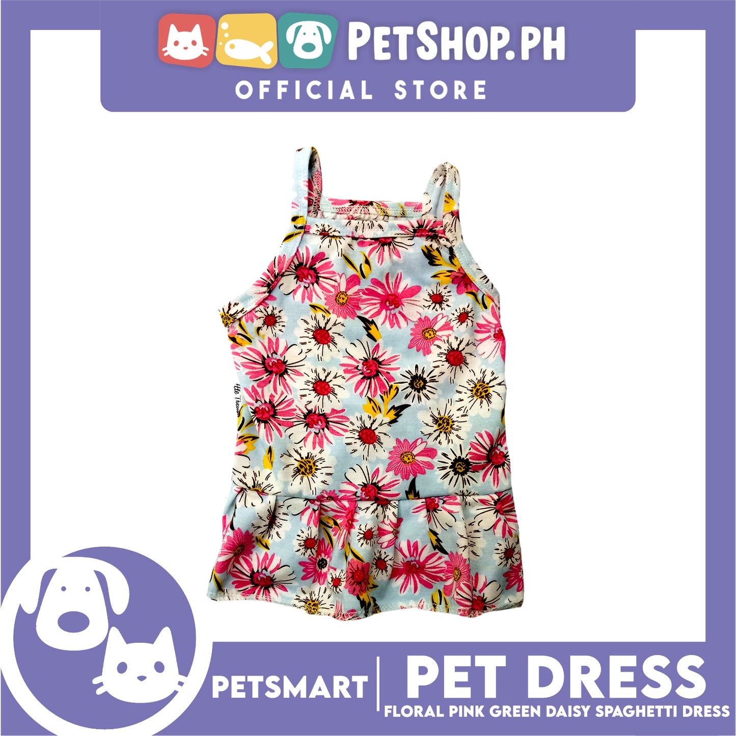 Pet Dress Floral Design, Pink Green Color Daisy Spaghetti Dress (Medium) Perfect Fit for Dogs and Cats