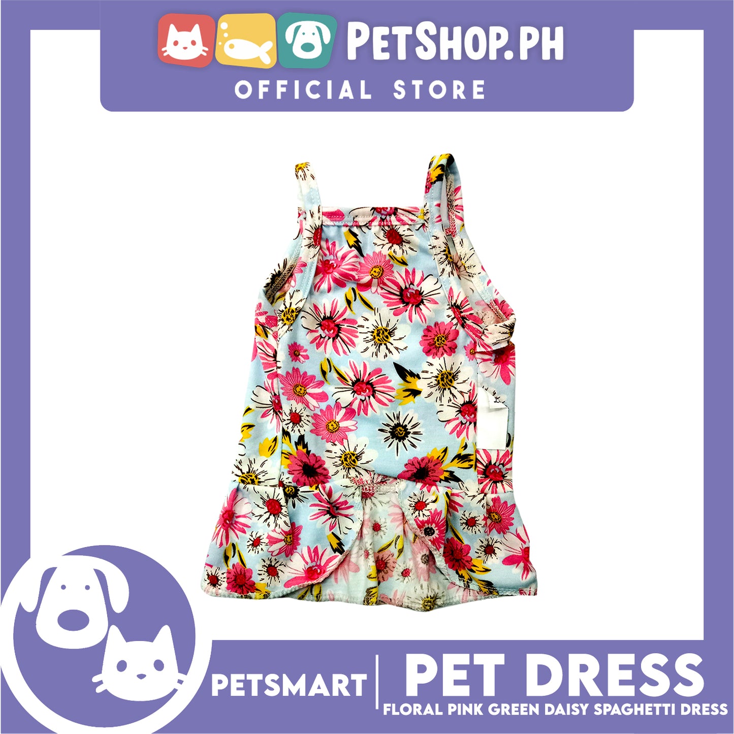 Pet Dress Floral Design, Pink Green Color Daisy Spaghetti Dress (Medium) Perfect Fit for Dogs and Cats