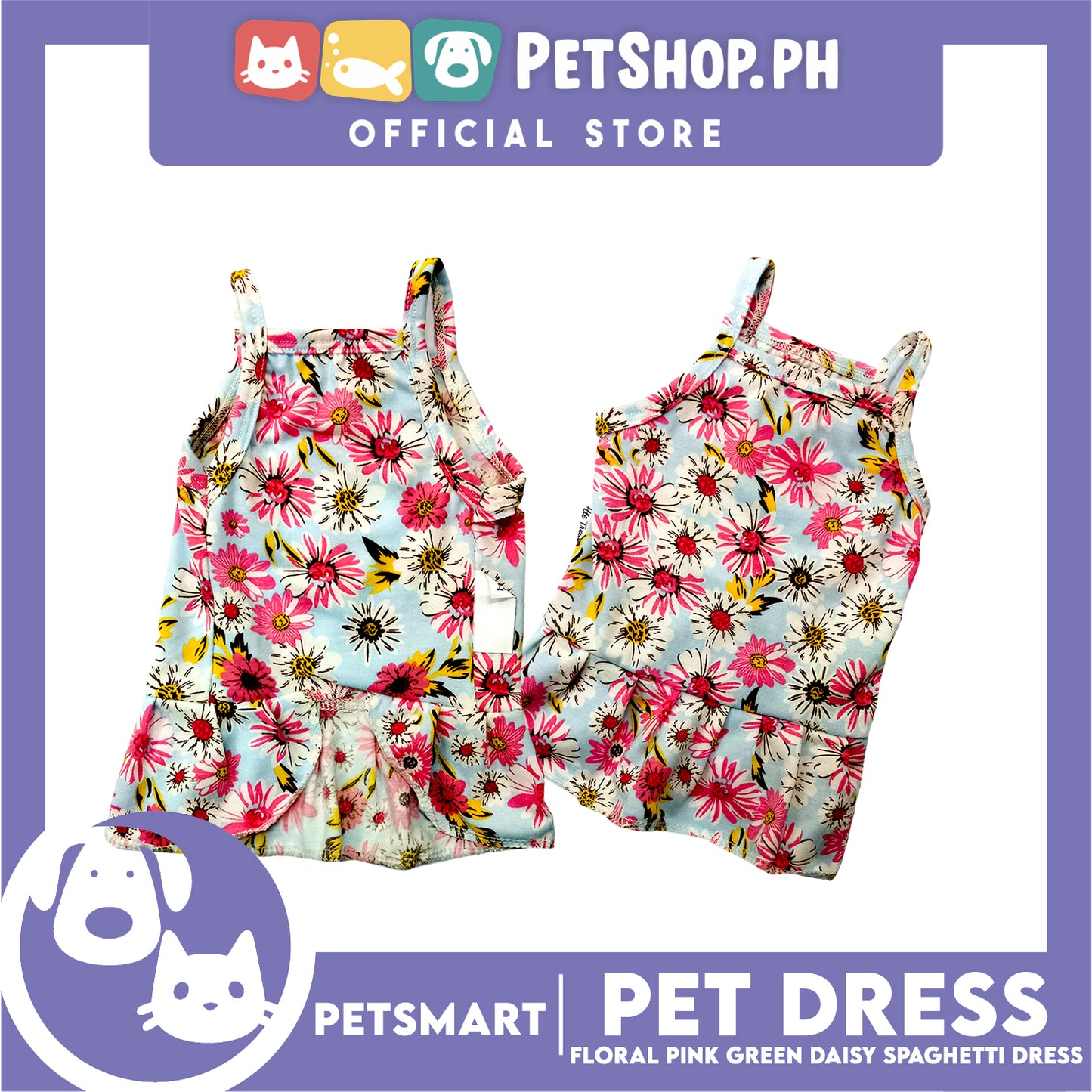 Pet Dress Floral Design, Pink Green Color Daisy Spaghetti Dress (XL) Perfect Fit for Dogs and Cats
