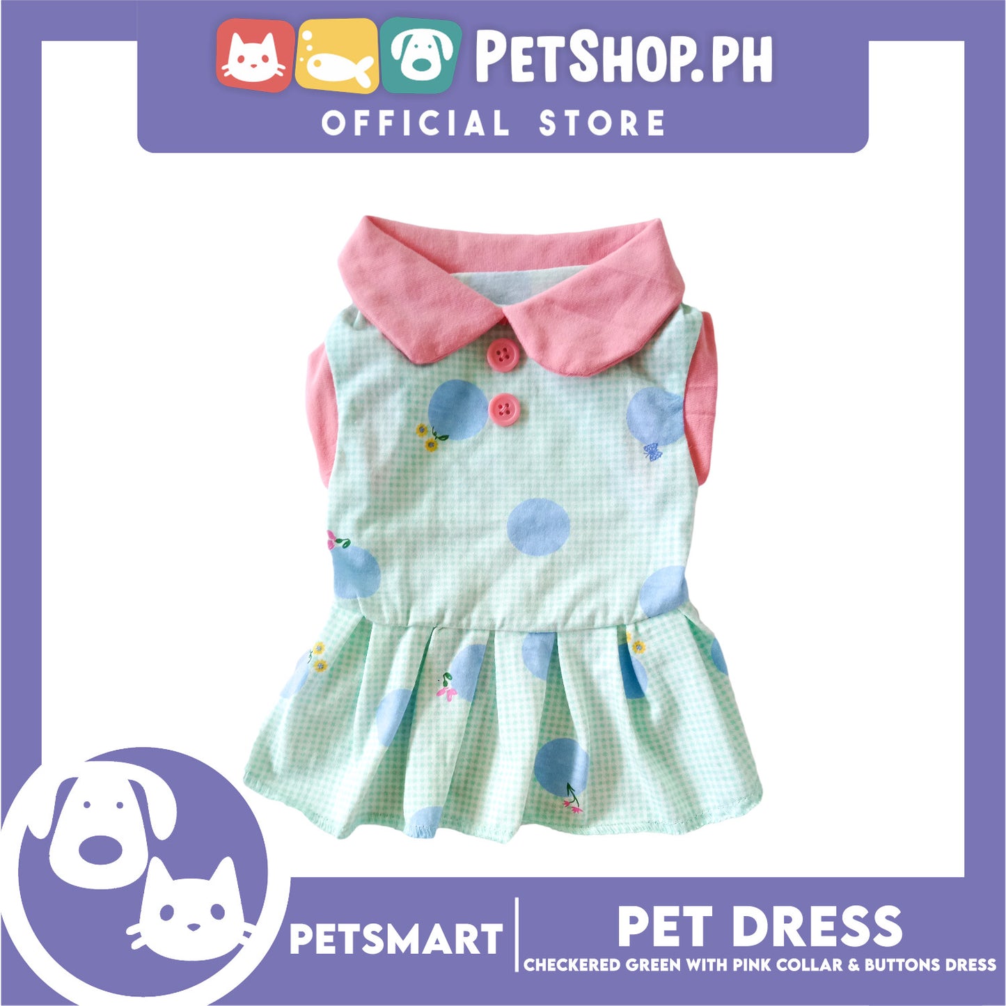 Pet Dress Checkered Design, Green with Pink Collar and Button Dress (Small) Perfect Fit for Dogs and Cats