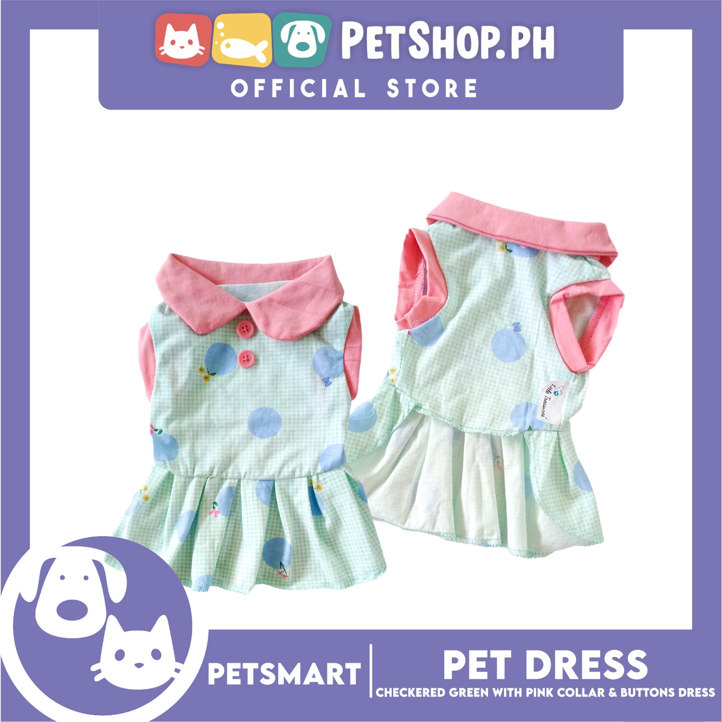 Pet Dress Checkered Design, Green with Pink Collar and Button Dress (Small) Perfect Fit for Dogs and Cats