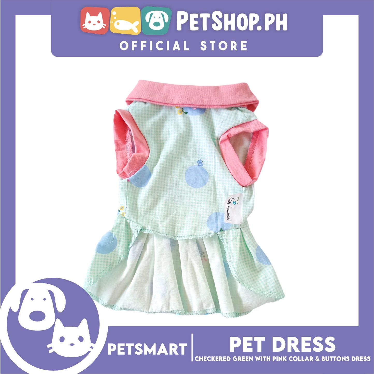 Pet Dress Checkered Design, Green with Pink Collar and Button Dress (Small) Perfect Fit for Dogs and Cats