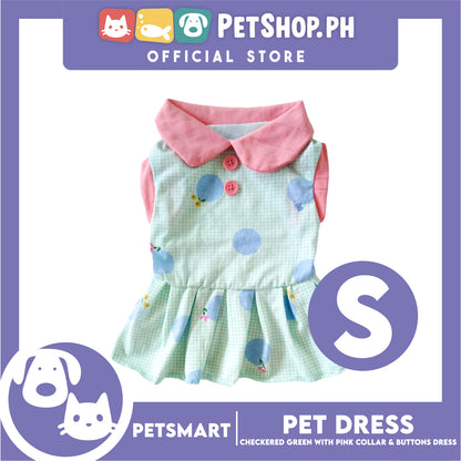 Pet Dress Checkered Design, Green with Pink Collar and Button Dress (Small) Perfect Fit for Dogs and Cats