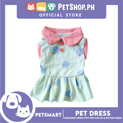 Pet Dress Checkered Design, Green with Pink Collar and Button Dress (Medium) Perfect Fit for Dogs and Cats