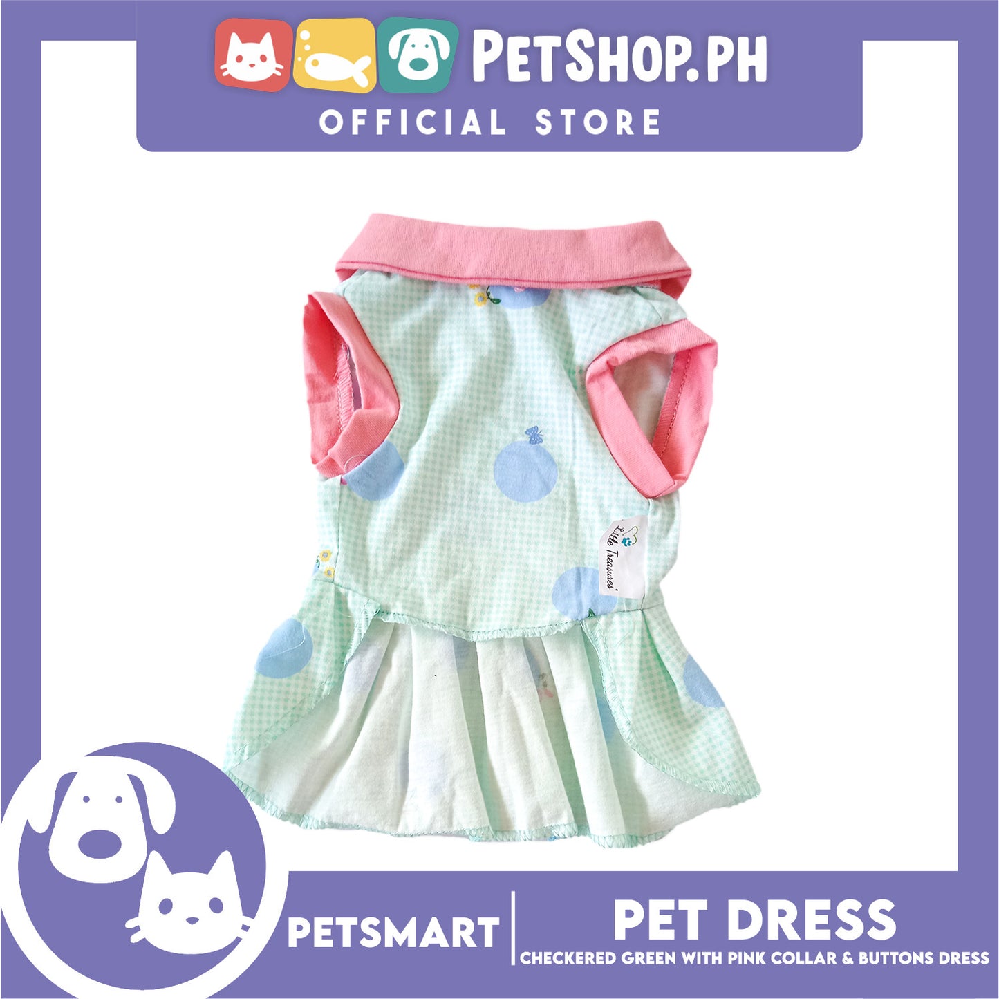 Pet Dress Checkered Design, Green with Pink Collar and Button Dress (Medium) Perfect Fit for Dogs and Cats