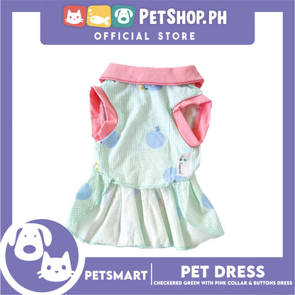 Pet Dress Checkered Design, Green with Pink Collar and Button Dress (Medium) Perfect Fit for Dogs and Cats