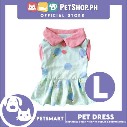 Pet Dress Checkered Design, Green with Pink Collar and Button Dress (Large) Perfect Fit for Dogs and Cats