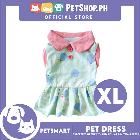 Pet Dress Checkered Design, Green with Pink Collar and Button Dress (XL) Perfect Fit for Dogs and Cats