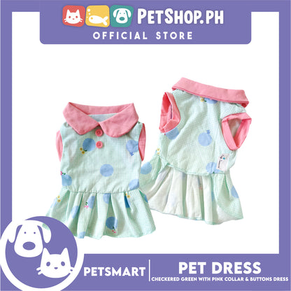 Pet Dress Checkered Design, Green with Pink Collar and Button Dress (XL) Perfect Fit for Dogs and Cats