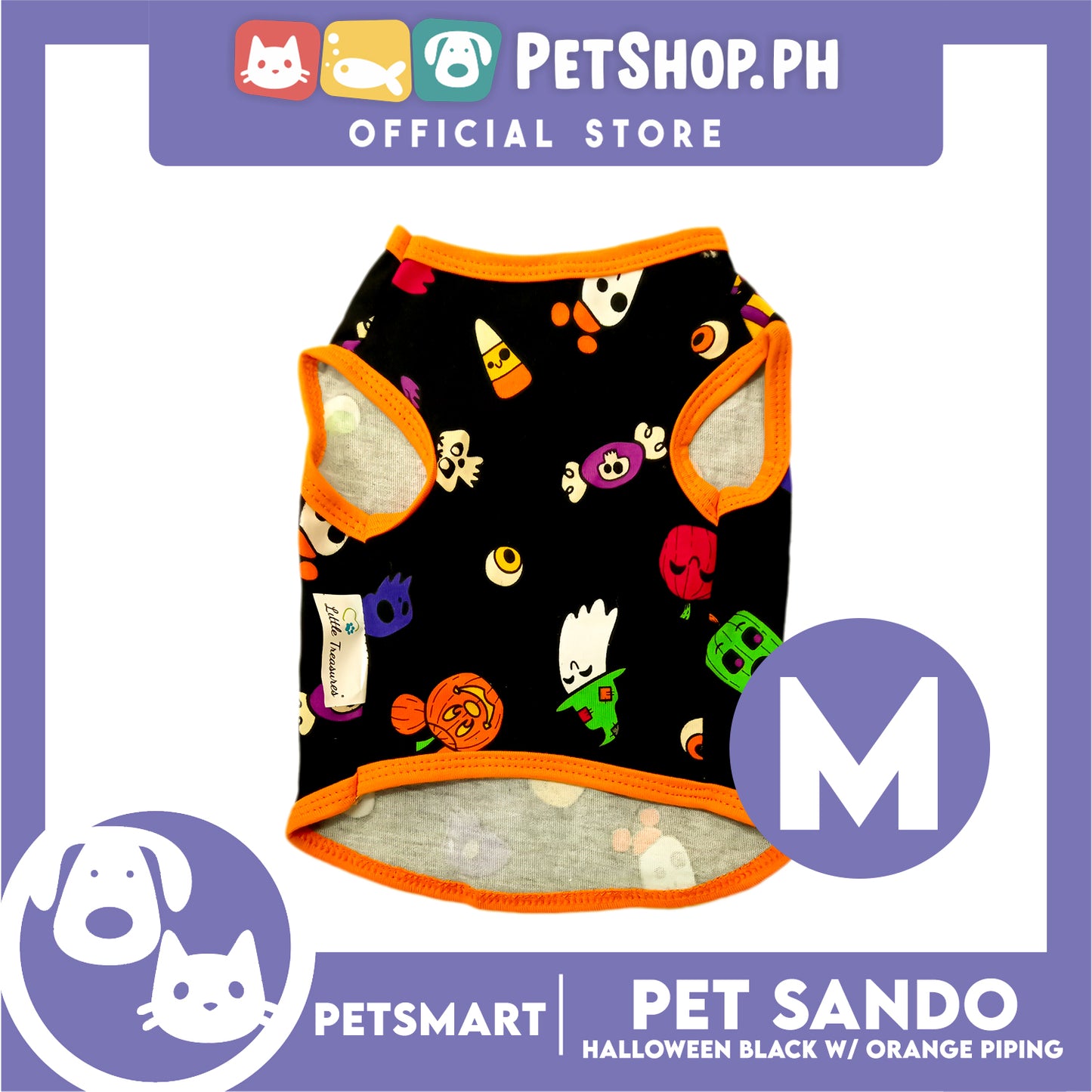 Pet Sando Halloween Design, Black with Orange Color Piping Sando (Medium) Perfect Fit for Dogs and Cats