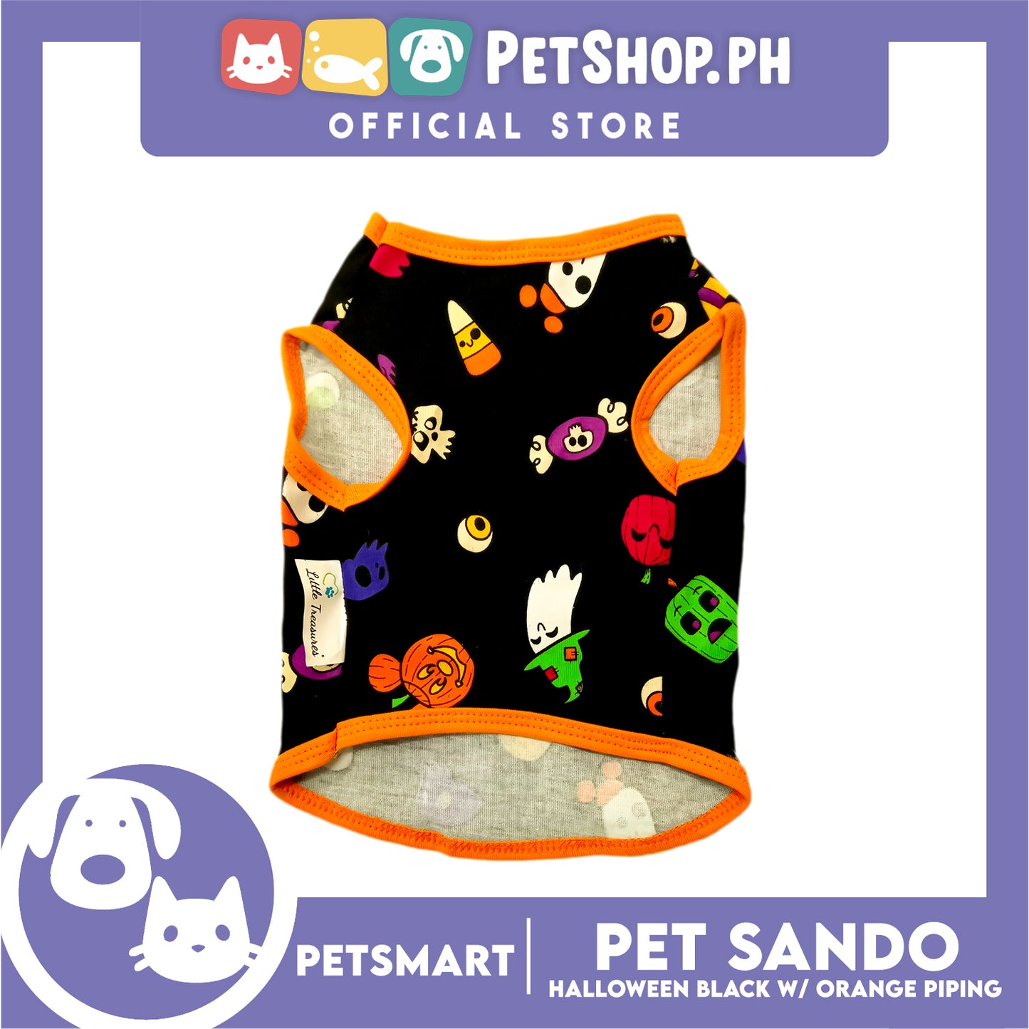 Pet Sando Halloween Design, Black with Orange Color Piping Sando (Small) Perfect Fit for Dogs and Cats