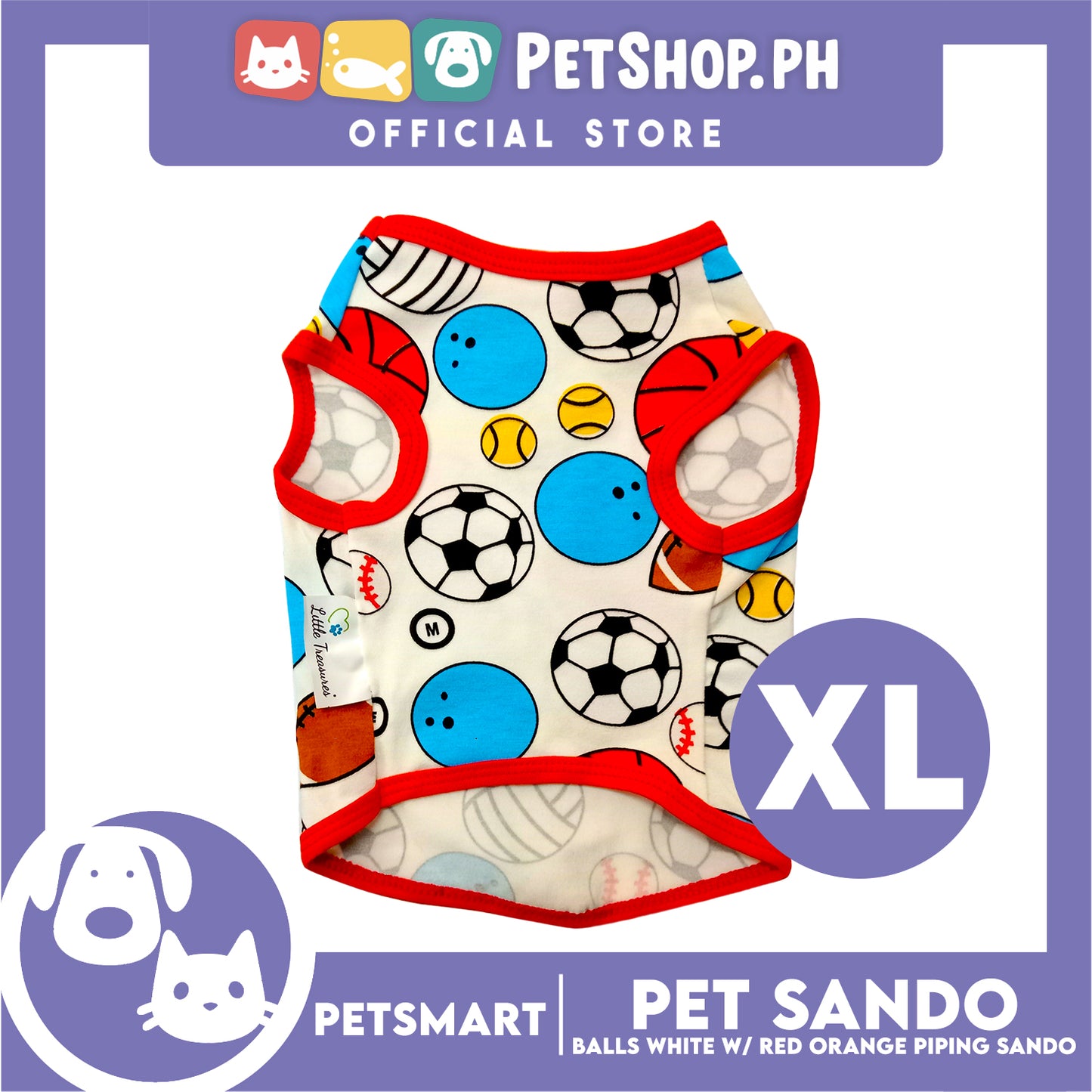 Pet Sando Balls Design, White with Red Orange Color Piping Sando (XL) Perfect Fit for Dogs and Cats