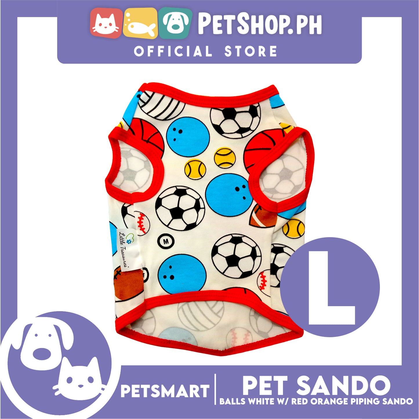 Pet Sando Balls Design, White with Red Orange Color Piping Sando (Large) Perfect Fit for Dogs and Cats