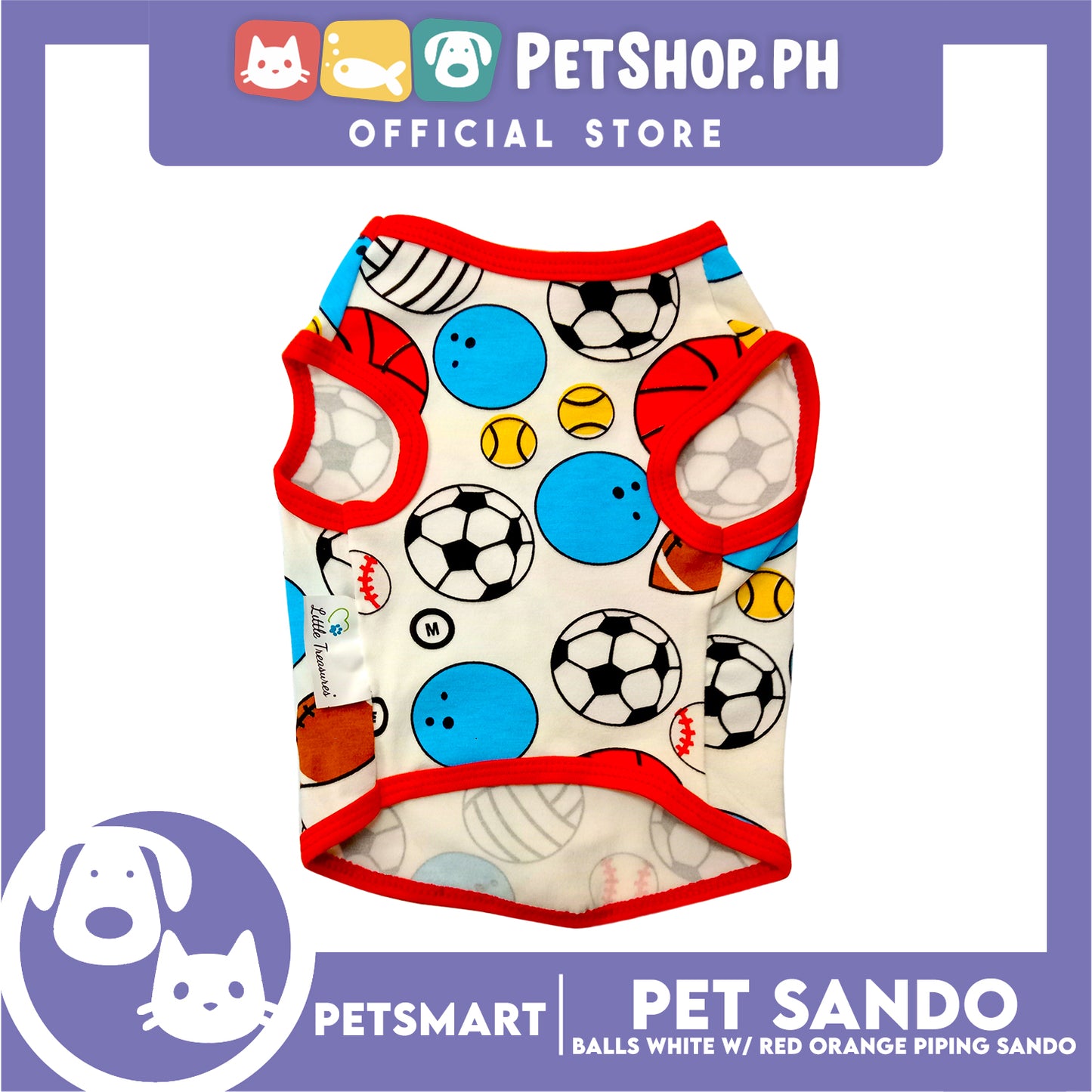 Pet Sando Balls Design, White with Red Orange Color Piping Sando (Large) Perfect Fit for Dogs and Cats