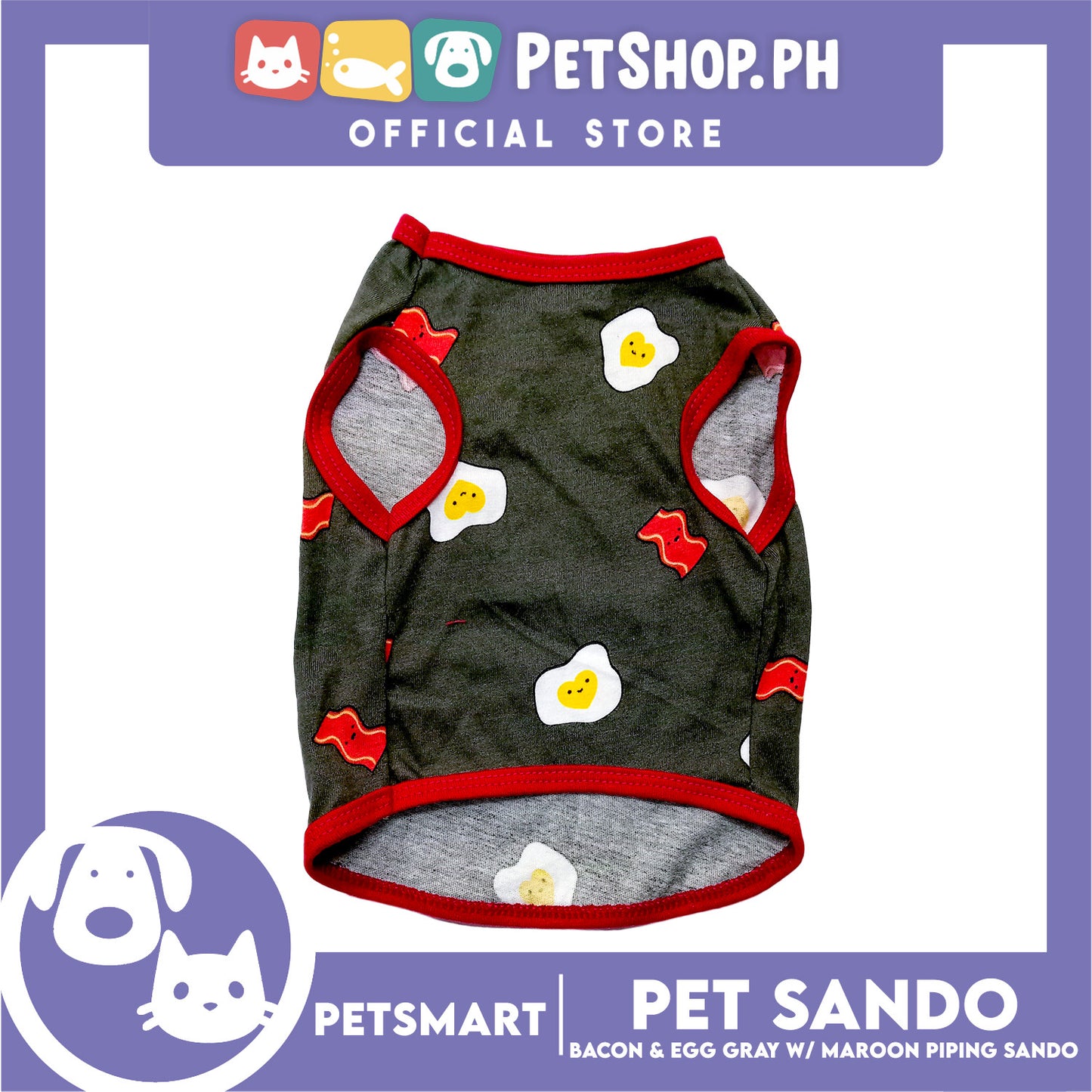 Pet Sando Bacon and Egg Designs, Gray with Maroon Color Piping Sando (Medium) Perfect Fit for Dogs and Cats