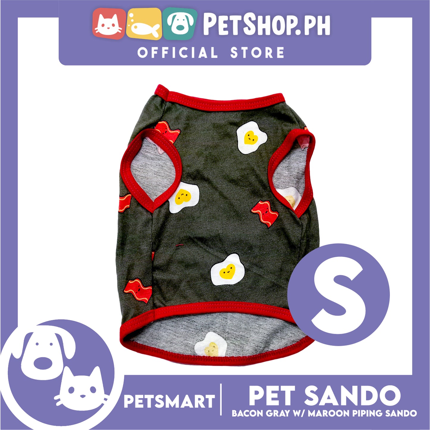 Pet Sando Bacon and Egg Designs, Gray with Maroon Color Piping Sando (Small) Perfect Fit for Dogs and Cats