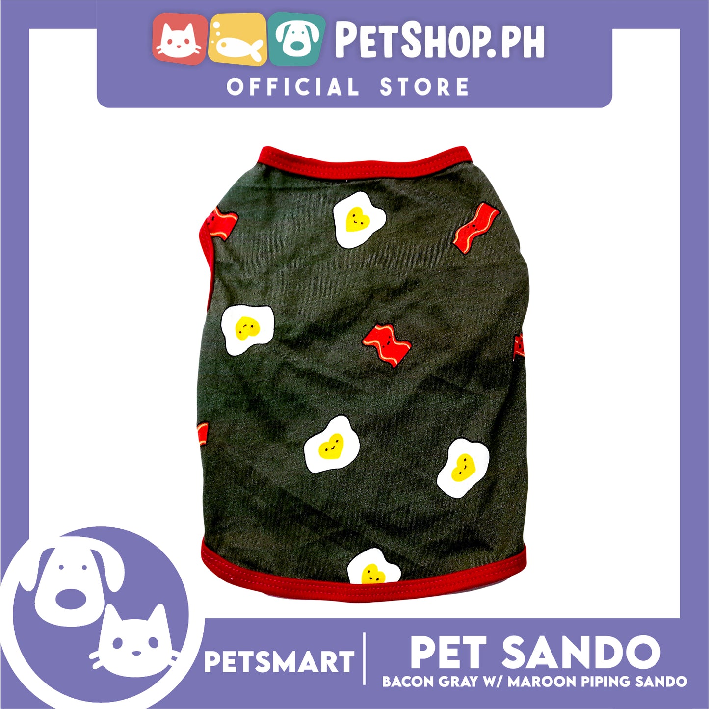 Pet Sando Bacon and Egg Designs, Gray with Maroon Color Piping Sando (Small) Perfect Fit for Dogs and Cats