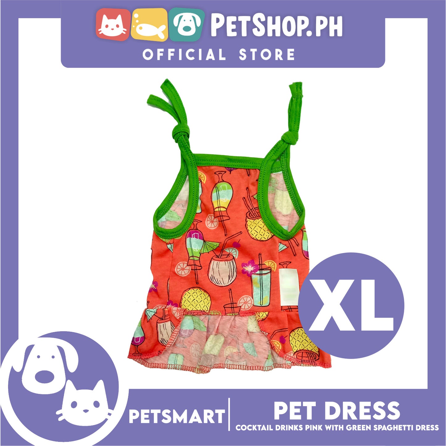 Pet Dress Cocktail Design, Pink with Green Color Spaghetti Dress (XL) Perfect Fit for Dogs and Cats