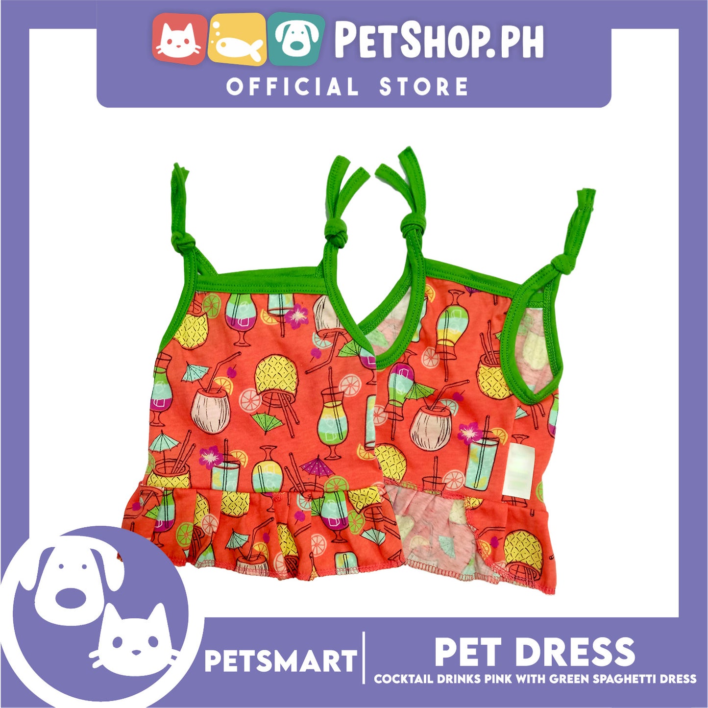 Pet Dress Cocktail Design, Pink with Green Color Spaghetti Dress (XL) Perfect Fit for Dogs and Cats