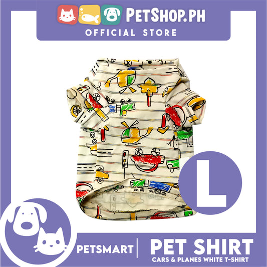 Pet T-Shirt, Cars and Planes Design, White Color (Large) Perfect Fit for Dogs and Cats