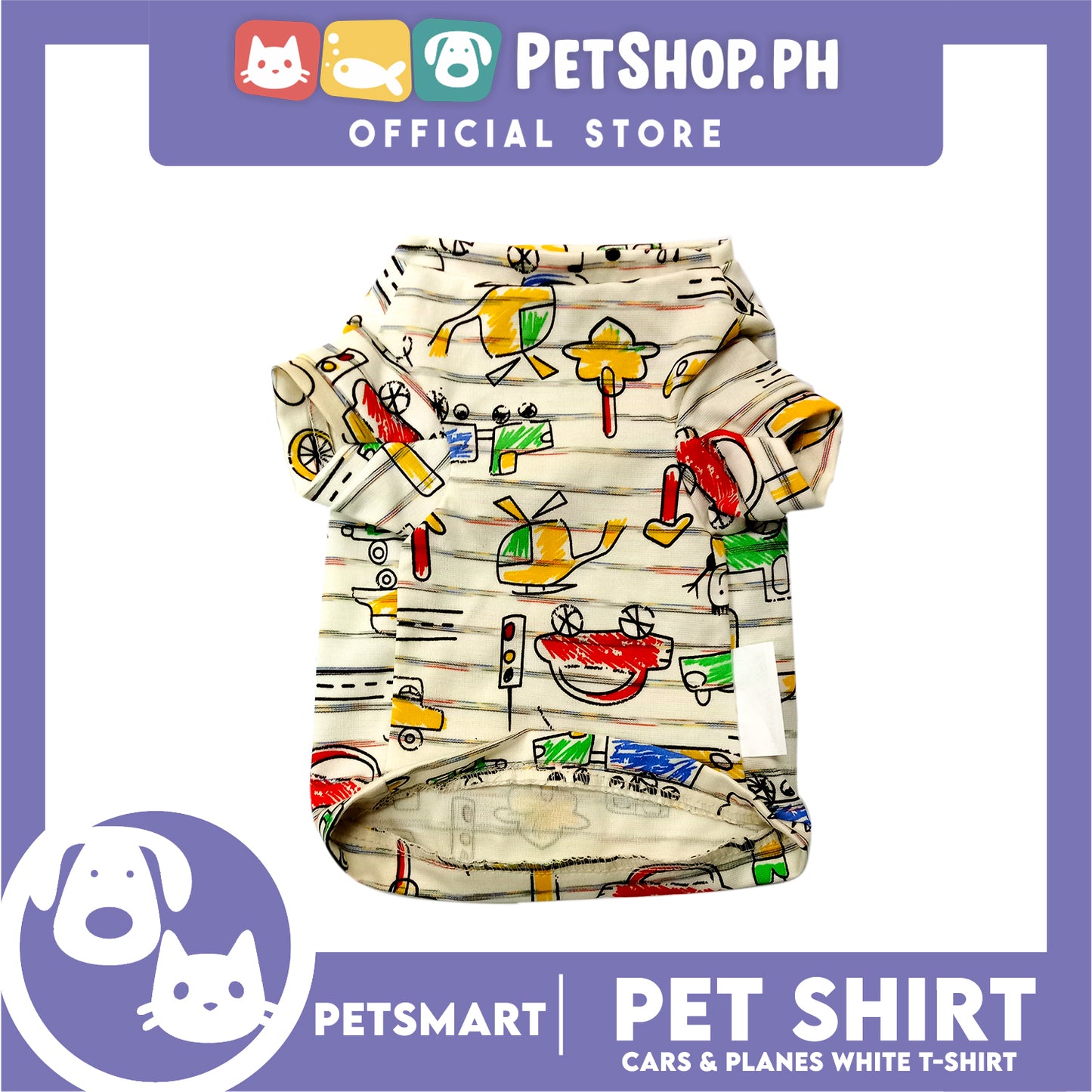 Pet T-Shirt, Cars and Planes Design, White Color (Medium) Perfect Fit for Dogs and Cats