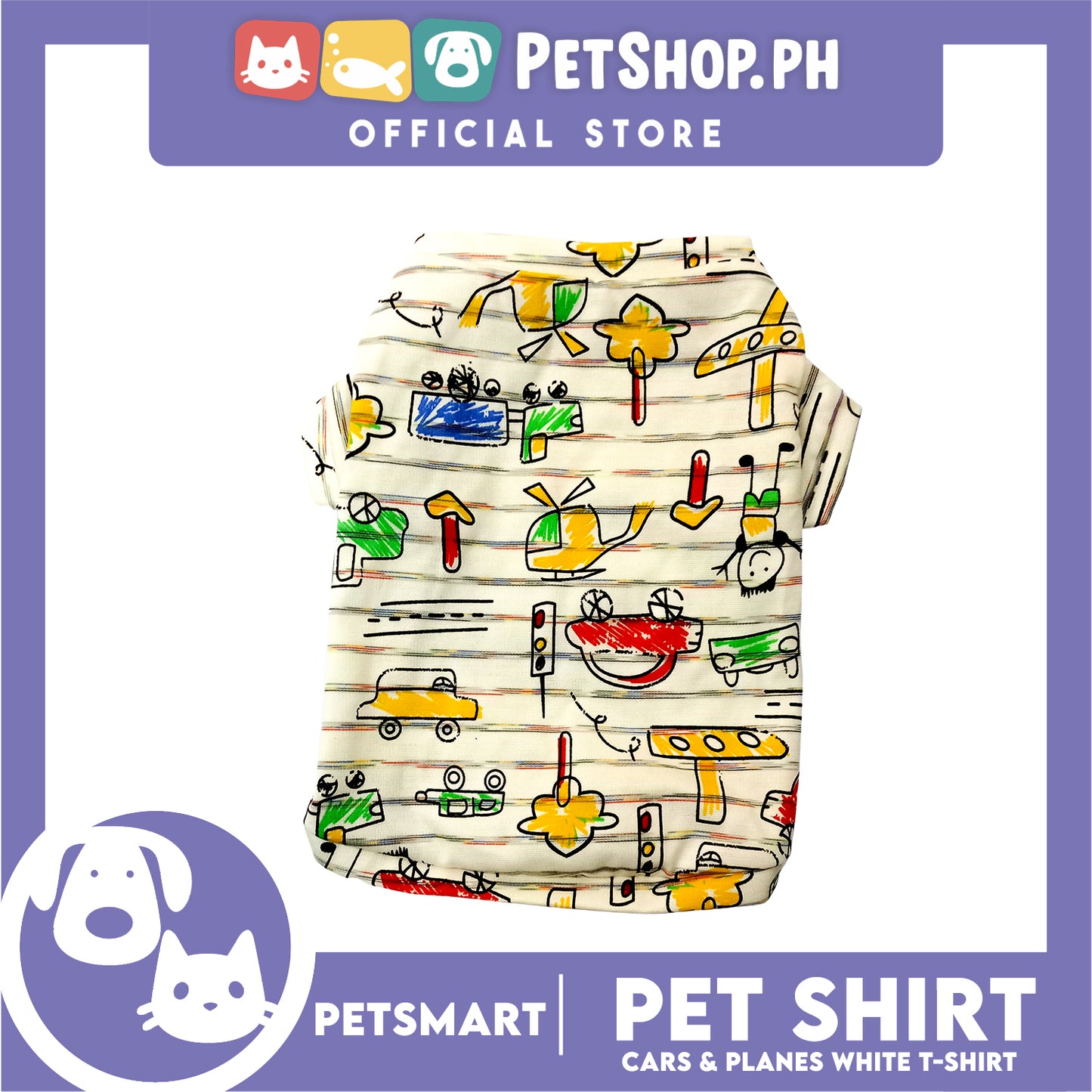 Pet T-Shirt, Cars and Planes Design, White Color (Medium) Perfect Fit for Dogs and Cats