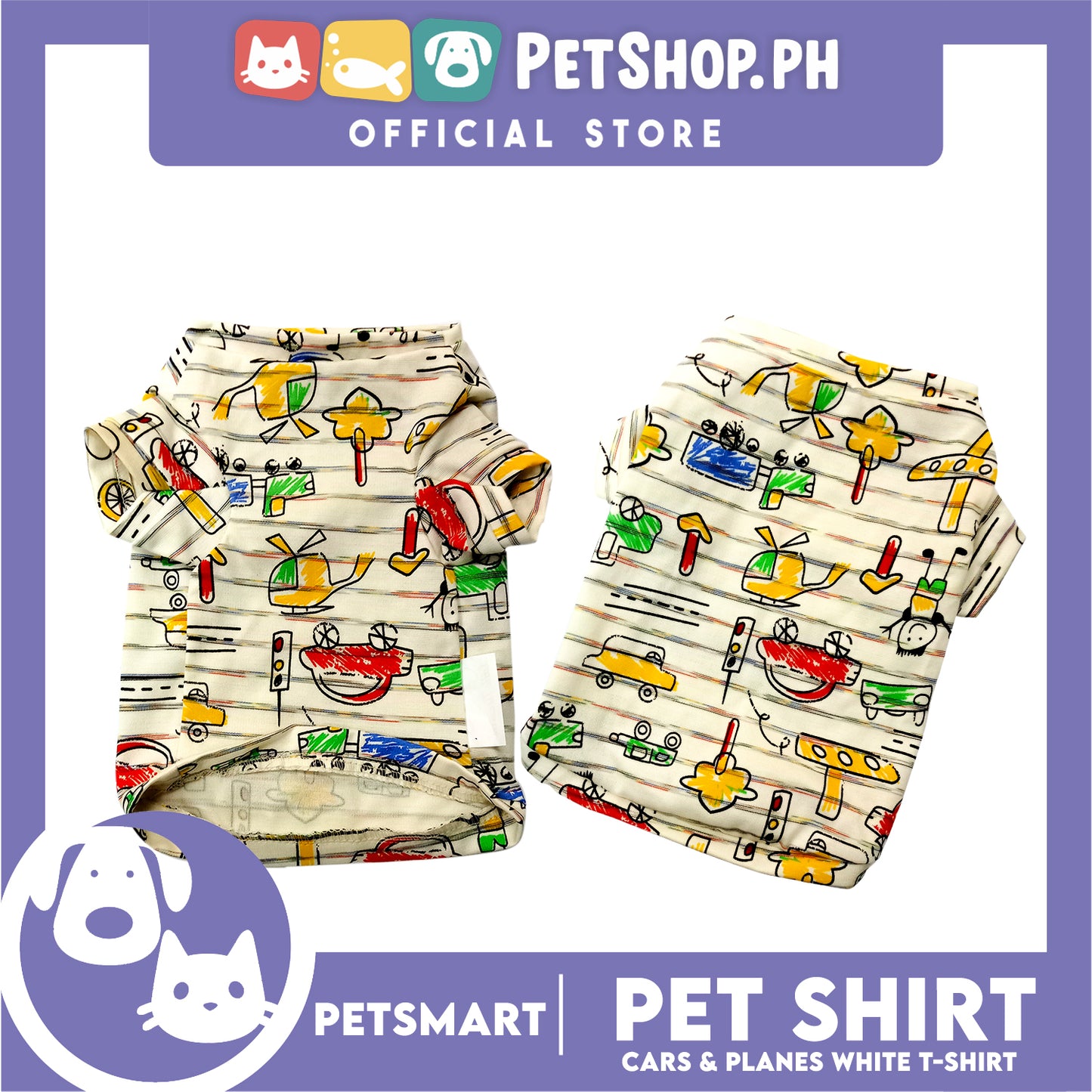 Pet T-Shirt, Cars and Planes Design, White Color (Medium) Perfect Fit for Dogs and Cats