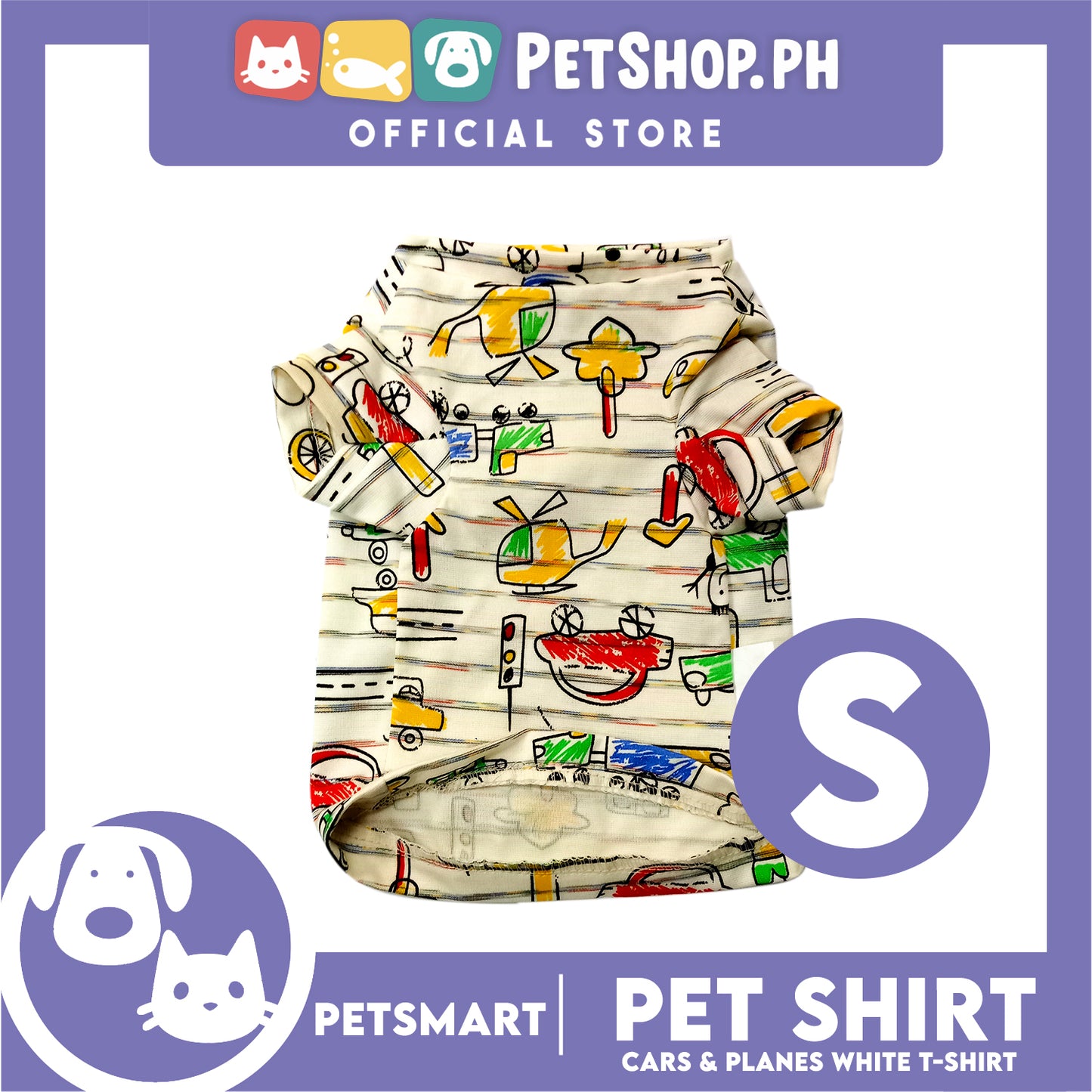 Pet T-Shirt, Cars and Planes Design, White Color (Small) Perfect Fit for Dogs and Cats