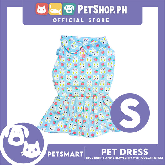 Pet Dress Blue Color, Bunny and Strawberry with Collar Design Dress (Small) Perfect Fit for Dogs and Cats