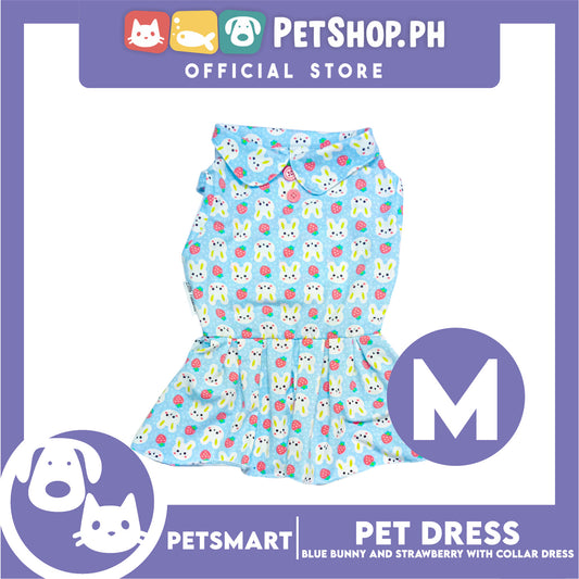 Pet Dress Blue Color, Bunny and Strawberry with Collar Design Dress (Medium) Perfect Fit for Dogs and Cats