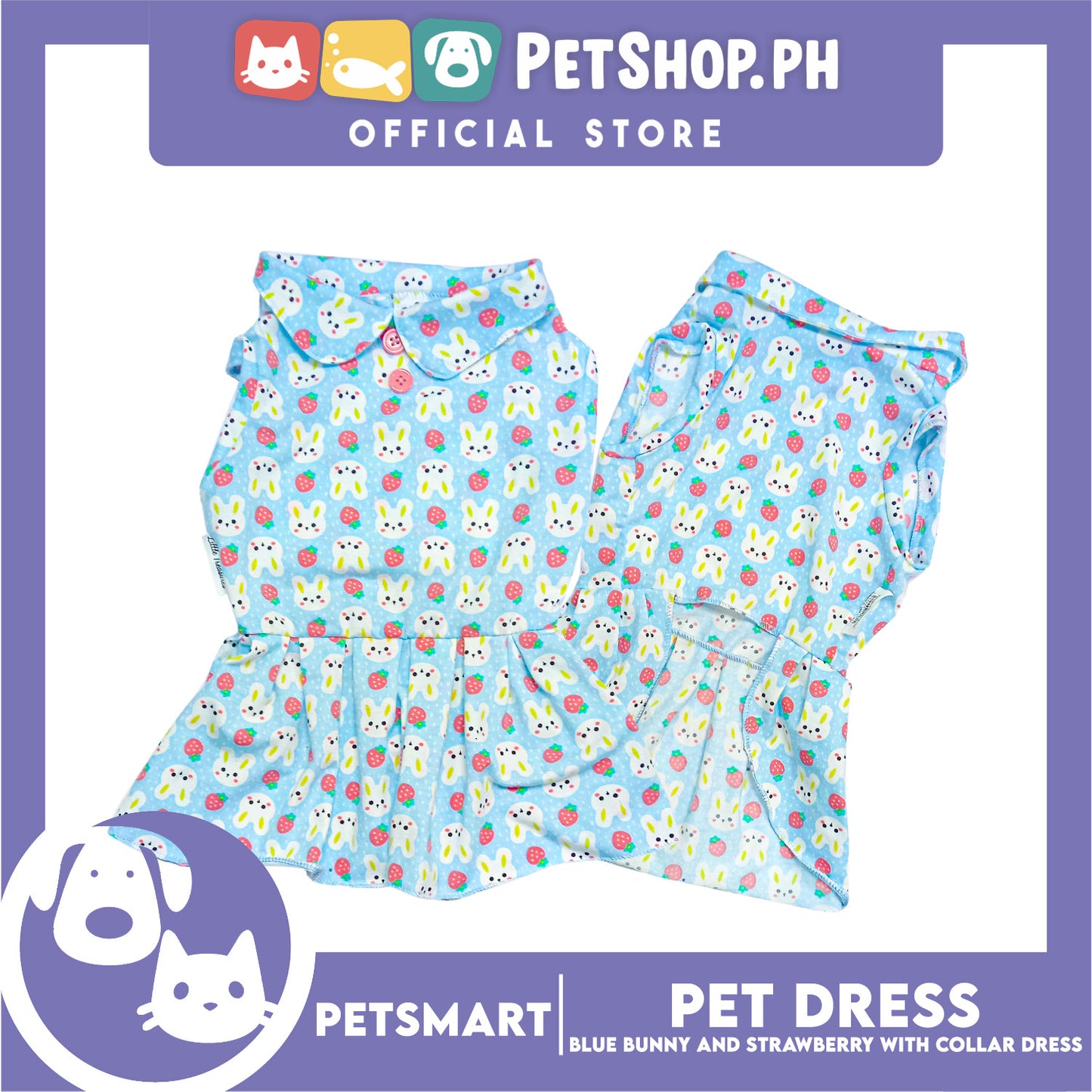 Pet Dress Blue Color, Bunny and Strawberry with Collar Design Dress (Medium) Perfect Fit for Dogs and Cats