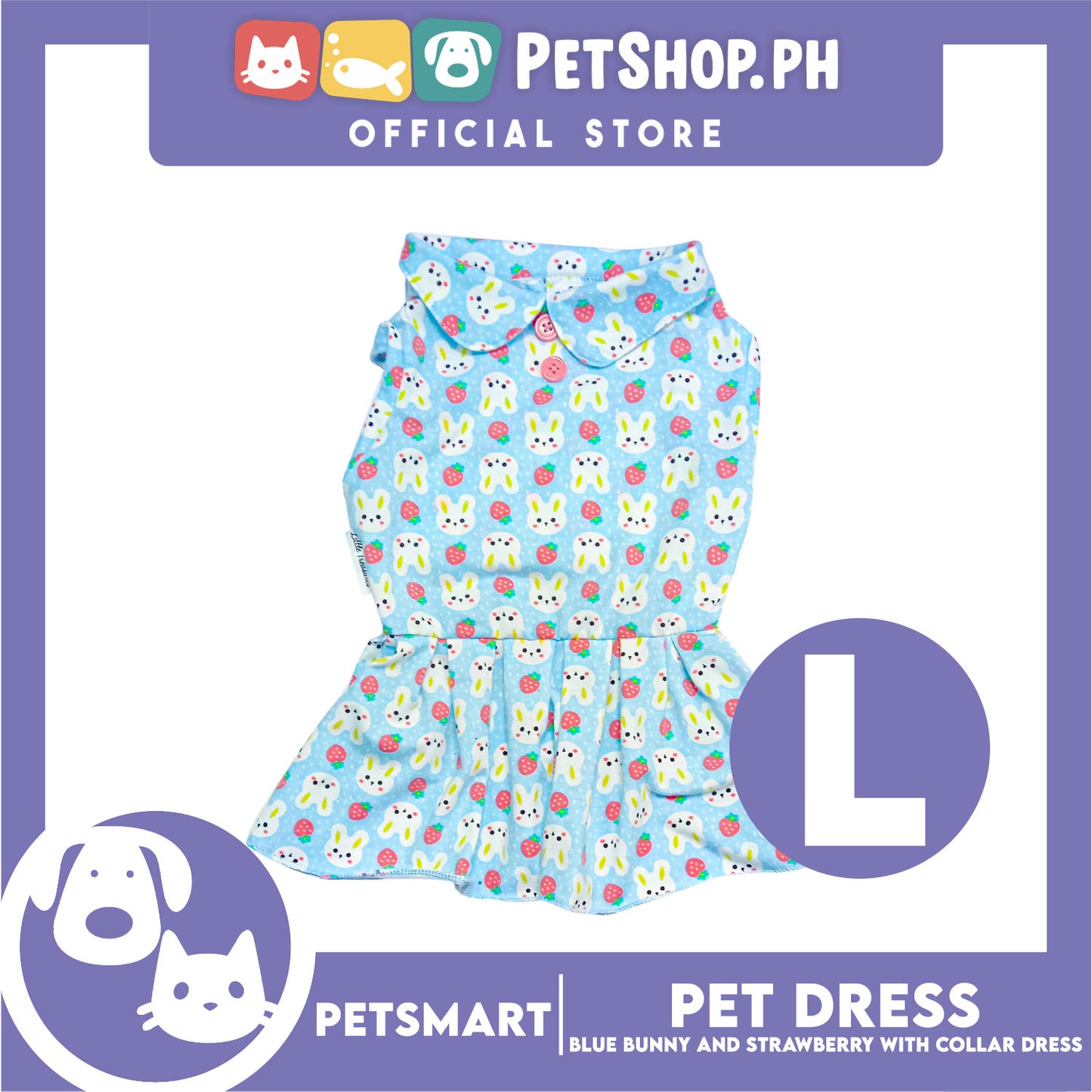 Pet Dress Blue Color, Bunny and Strawberry with Collar Design Dress (Large) Perfect Fit for Dogs and Cats