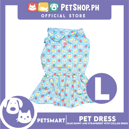 Pet Dress Blue Color, Bunny and Strawberry with Collar Design Dress (Large) Perfect Fit for Dogs and Cats